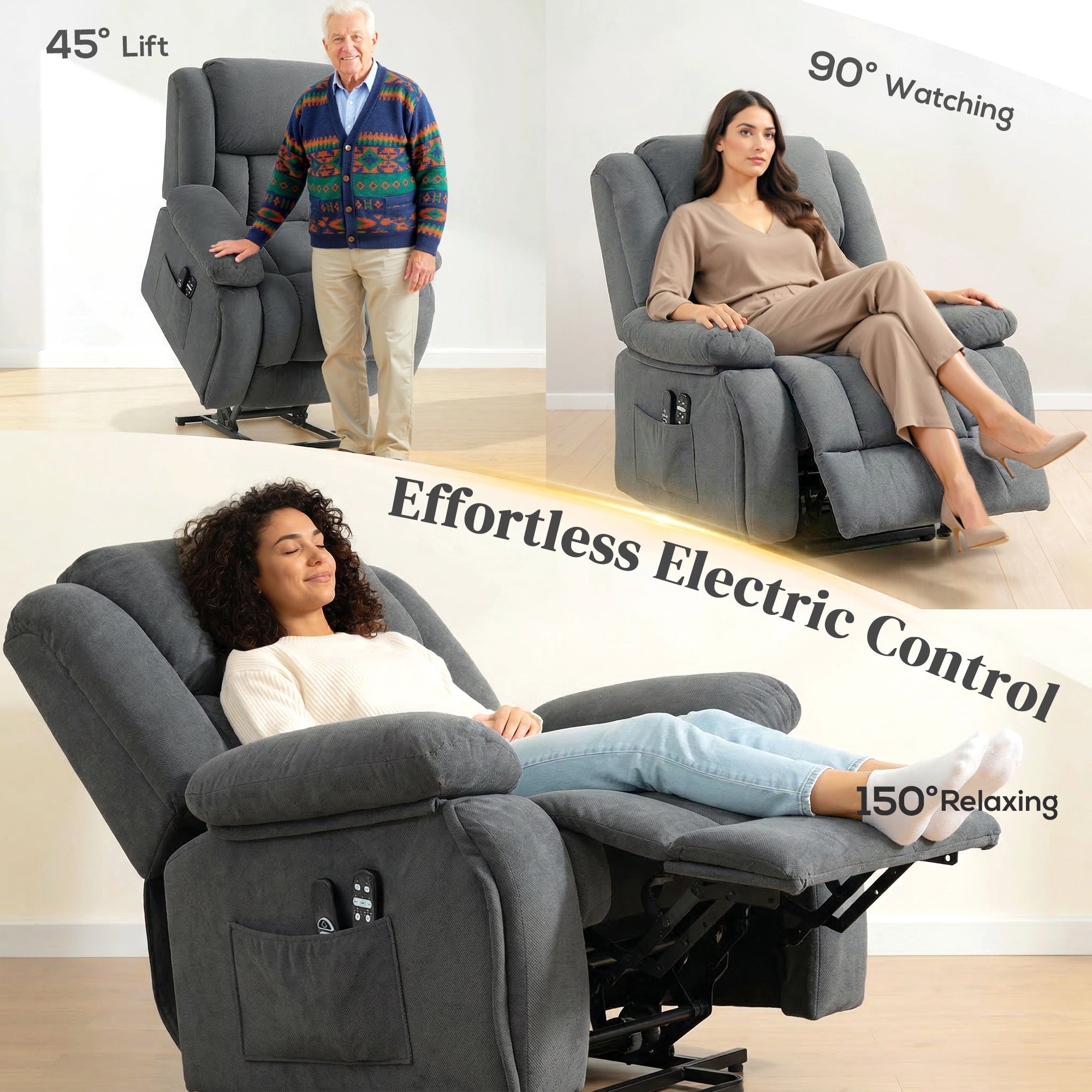 Overstuffed Power Lift Recliner Chair with Vibration Massage and Heat, Side Pockets, Pocket Spring, for Adults, Gray