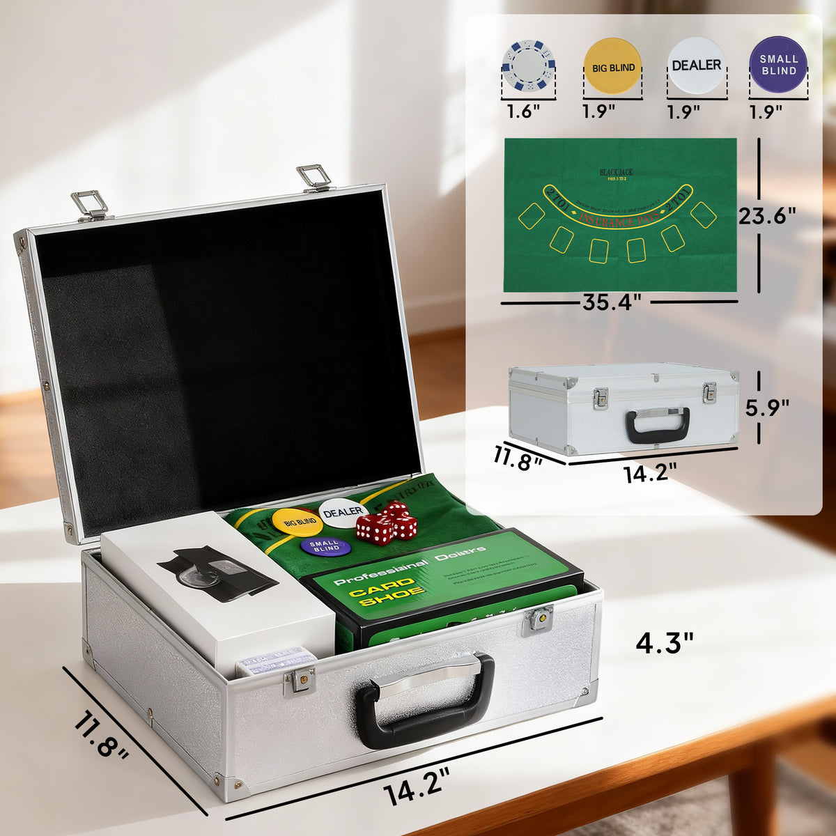 Poker Chip Set with Aluminum Case, Card Shuffler, 300 Chips, 2 Decks of Cards, Dealer Button for Texas Holdem Blackjack