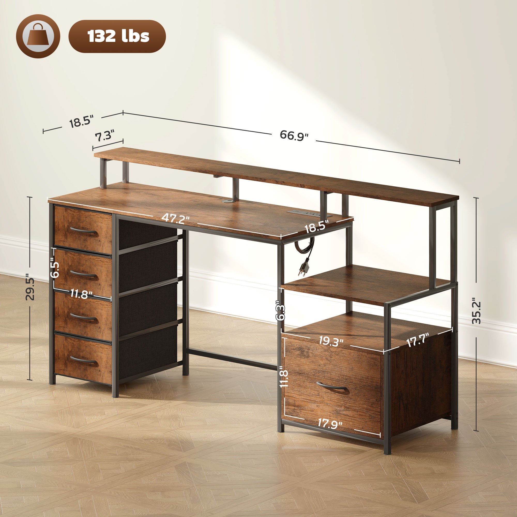 Computer Desk with Power Outlets and LED Lights, 67" Computer Table with File Cabinet and Fabric Drawers, Rustic Brown