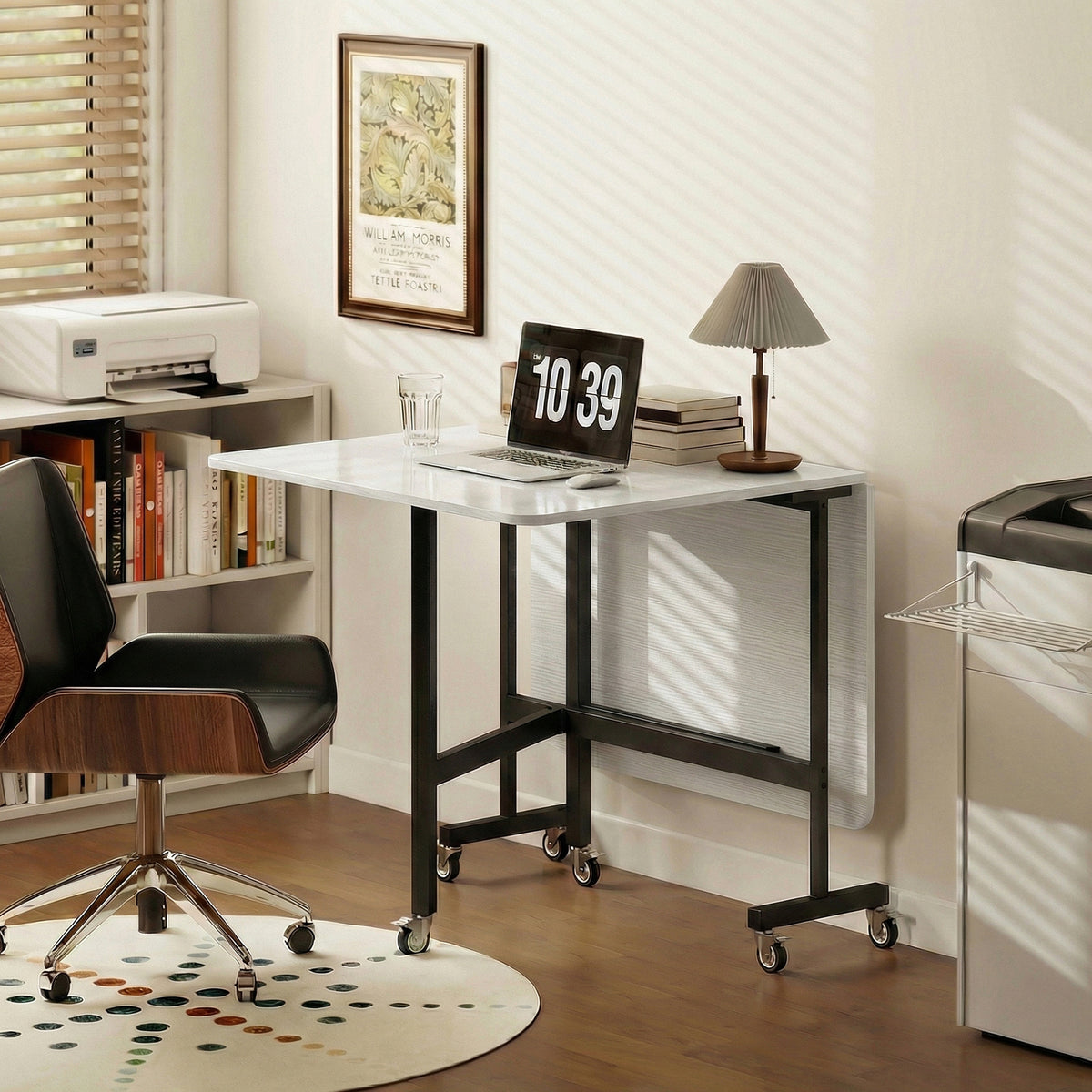 Drop-Leaf Table for Small Spaces, Extendable Kitchen Table with 6 Smooth Wheels & Brakes, Space-Saving Design, White