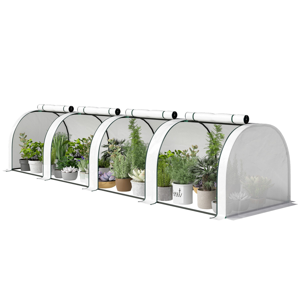 13' L x 3' W x 2.5' H Portable Tunneled Greenhouse with 4 Zippered Doors, Water/UV Fighting PE Cover, White