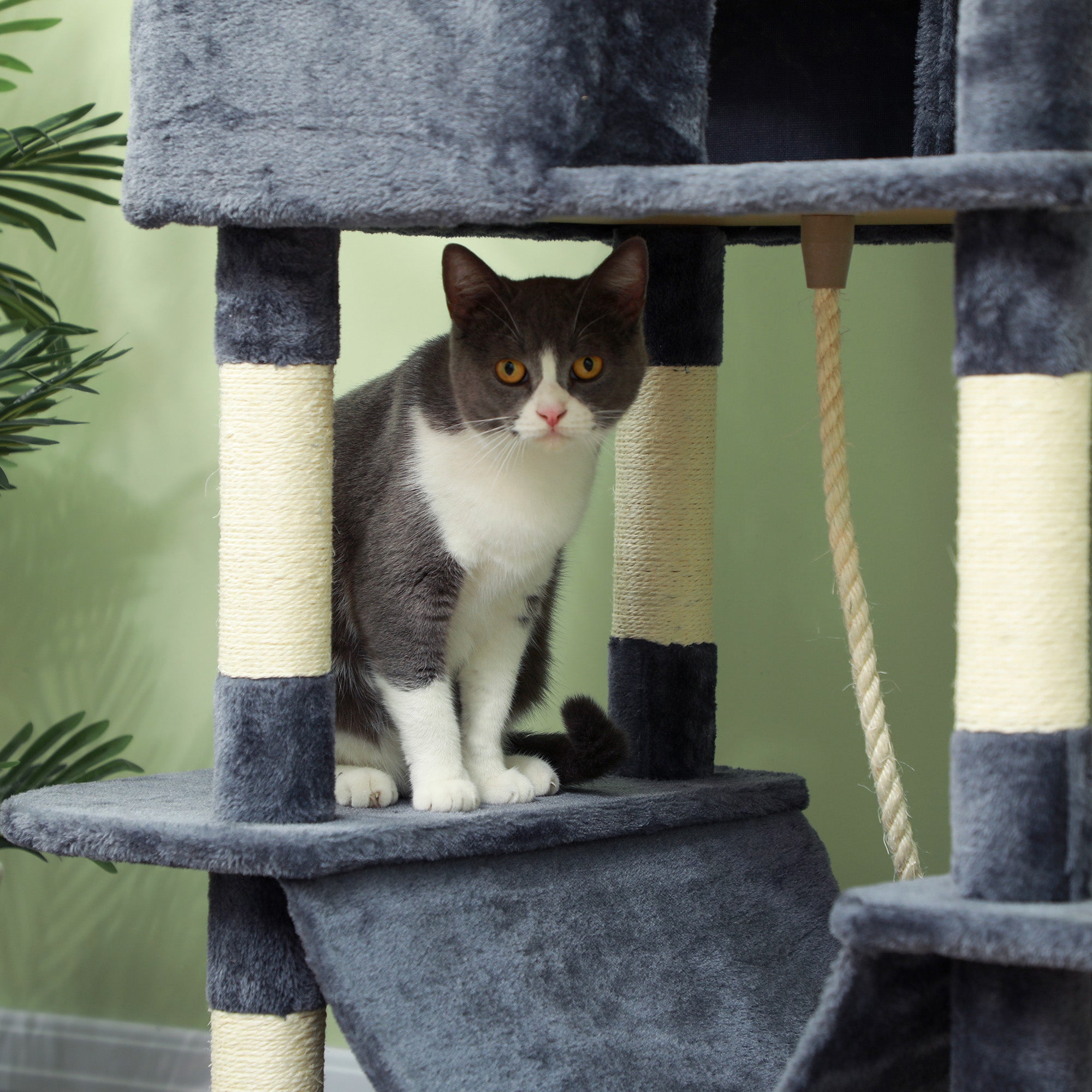 81" Cat Tree w/ Cat Scratching Posts, Scratching Board, Condos, Beds, Hammocks, Toy Balls, Rope Cat Toy, Gray - Dark Gray - Image 8