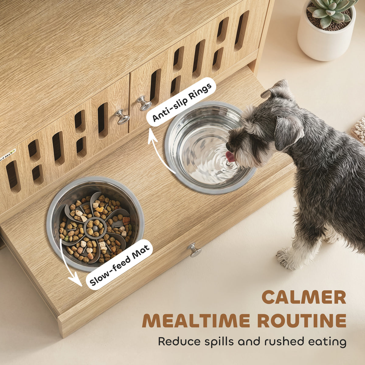 Dog Feeding Station, Pet Food Storage Cabinet with 2 Elevated Bowls & Slow-Feed Mat for Dogs & Cats
