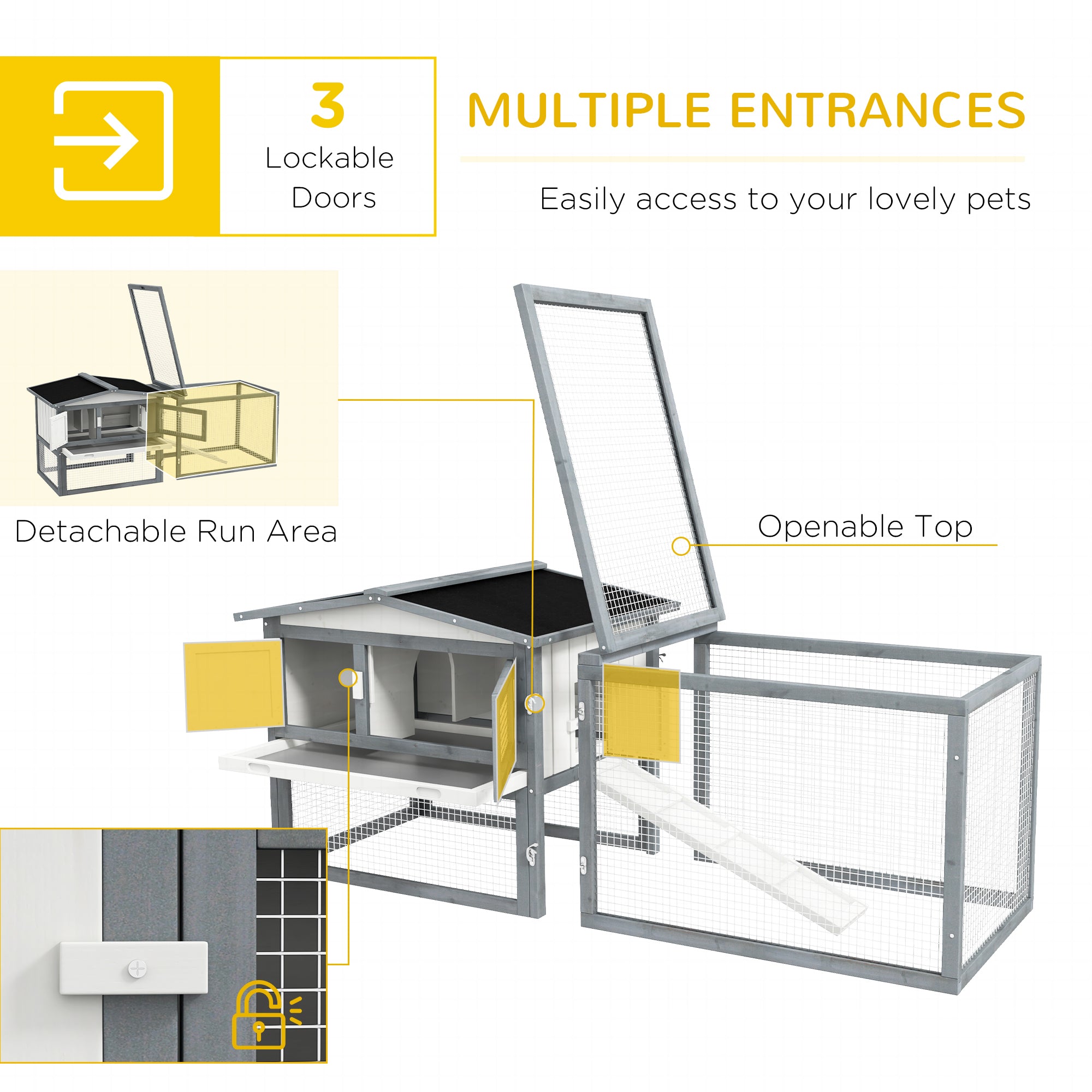 Large Rabbit Cage Outdoor 61"L Guinea Pig Hutch w/ Run Feeding Trough Removable Tray Ramp Asphalt Roof, White - White - Image 4