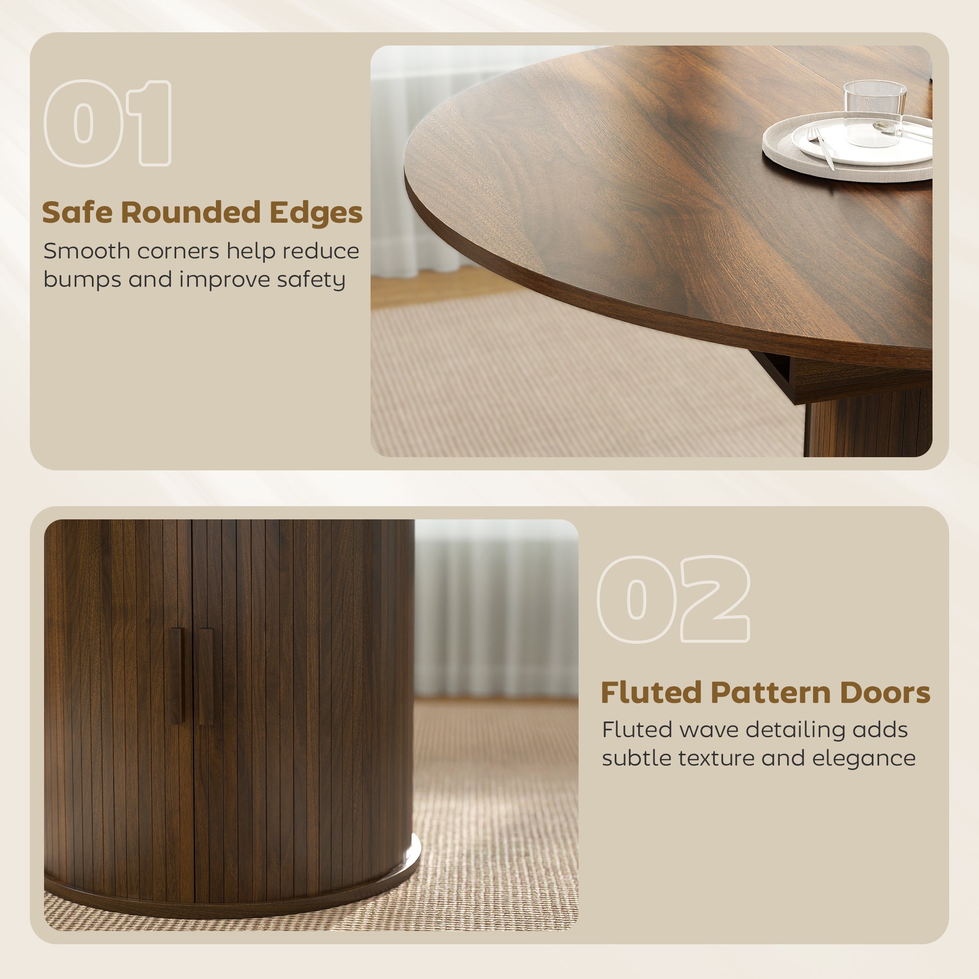 Extendable Dining Table for 6, 60" Farmhouse Kitchen Table with 2-Tier Storage Shelf and Fluted Sliding Doors, Walnut
