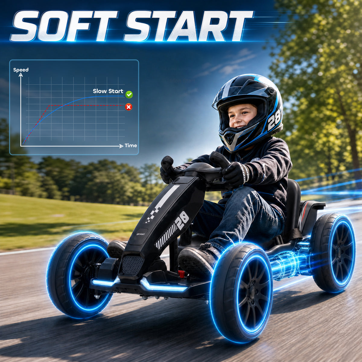 12V Electric Go Kart for Kids with Dual Motors, Adjustable Seat, Soft Start, LED Lights, EVA Wheels, for Age 3-6, Black