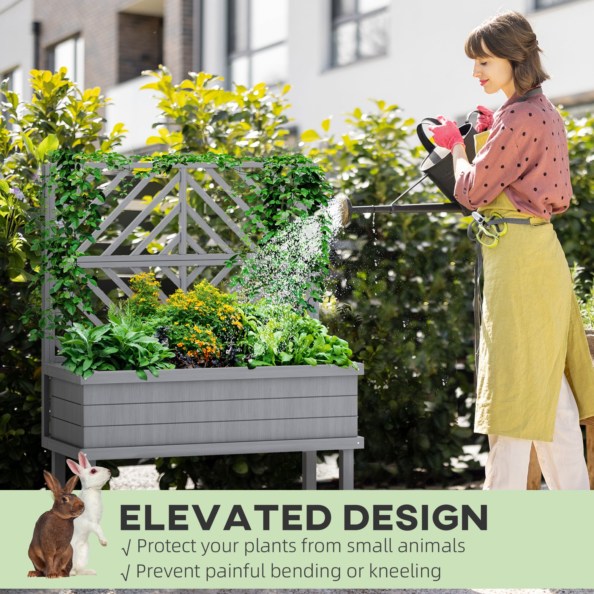 Elevated Wood Planter with Trellis for Climbing Plants, Raised Garden Bed with Legs and Drainage Holes, Gray - Gray - Image 7