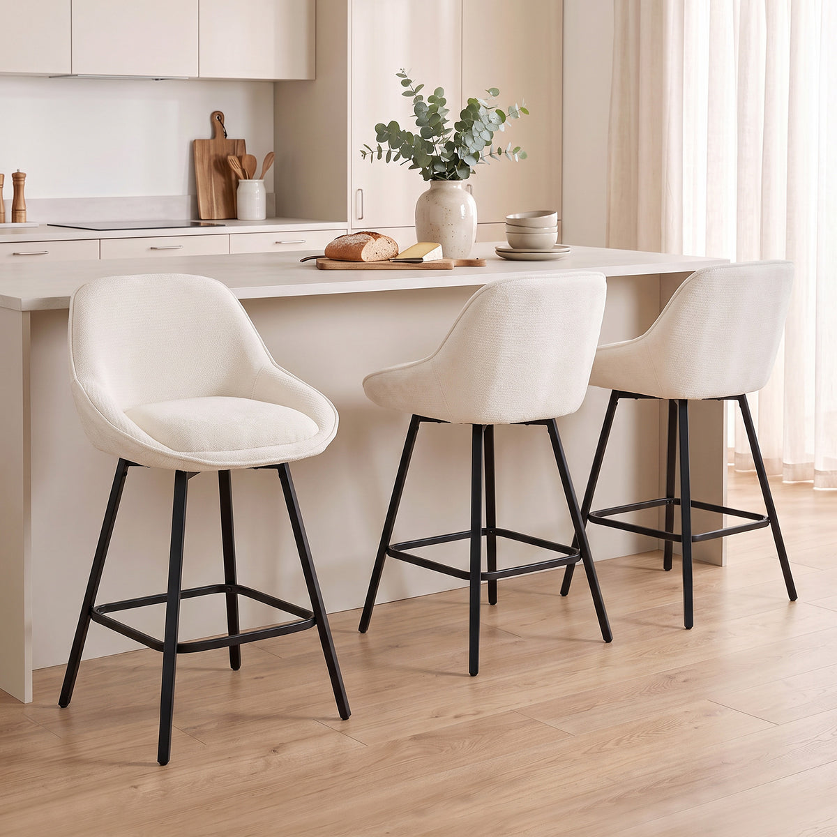 Bar Stools Modern Chenille 360° Swivel Barstools Counter Height Backrest Footrest Set 3, Cream White