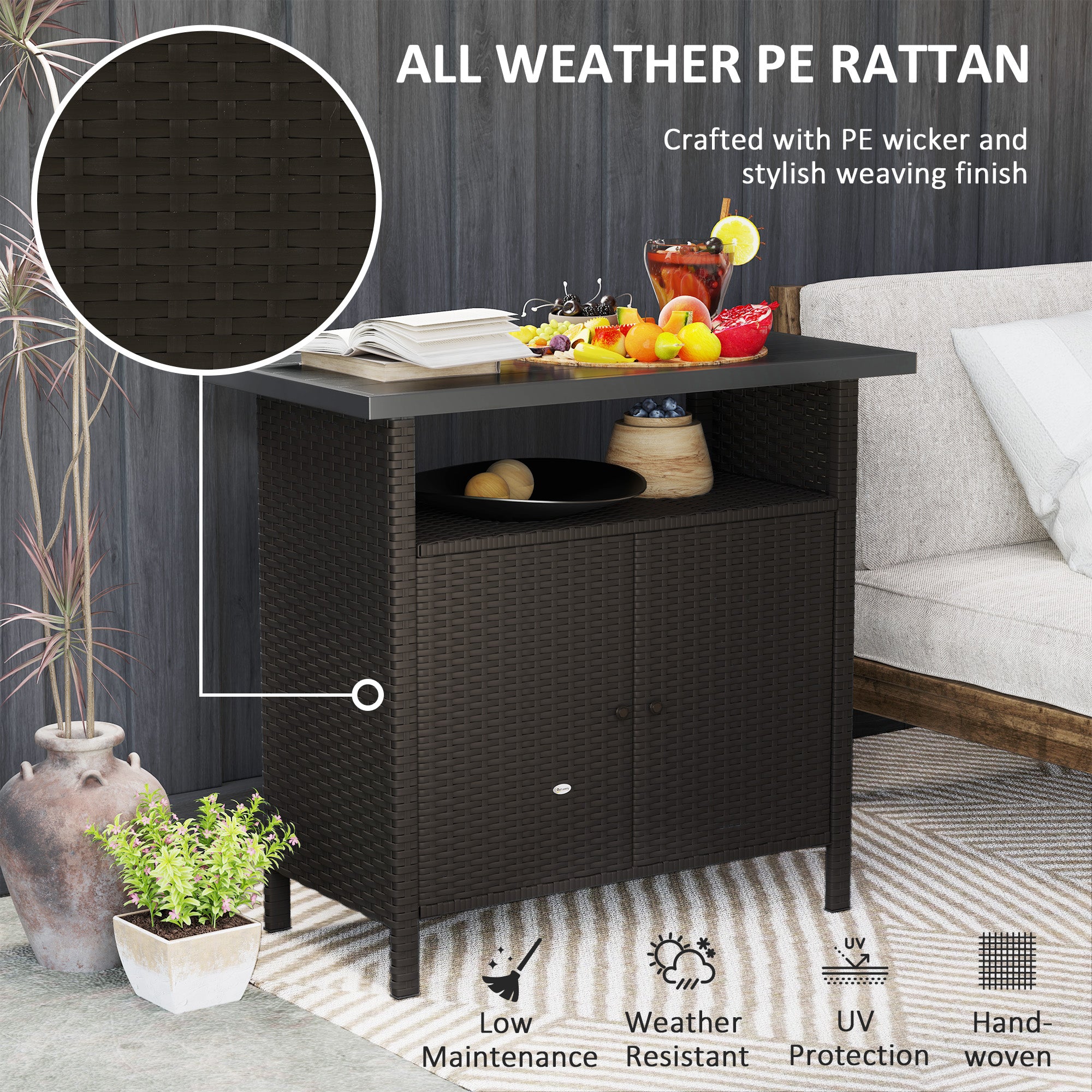 Wicker Outdoor Storage Cabinet with Two Doors and Shelf for Outdoor Pool Towel Storage, Dark Coffee - Dark Coffee - Image 5