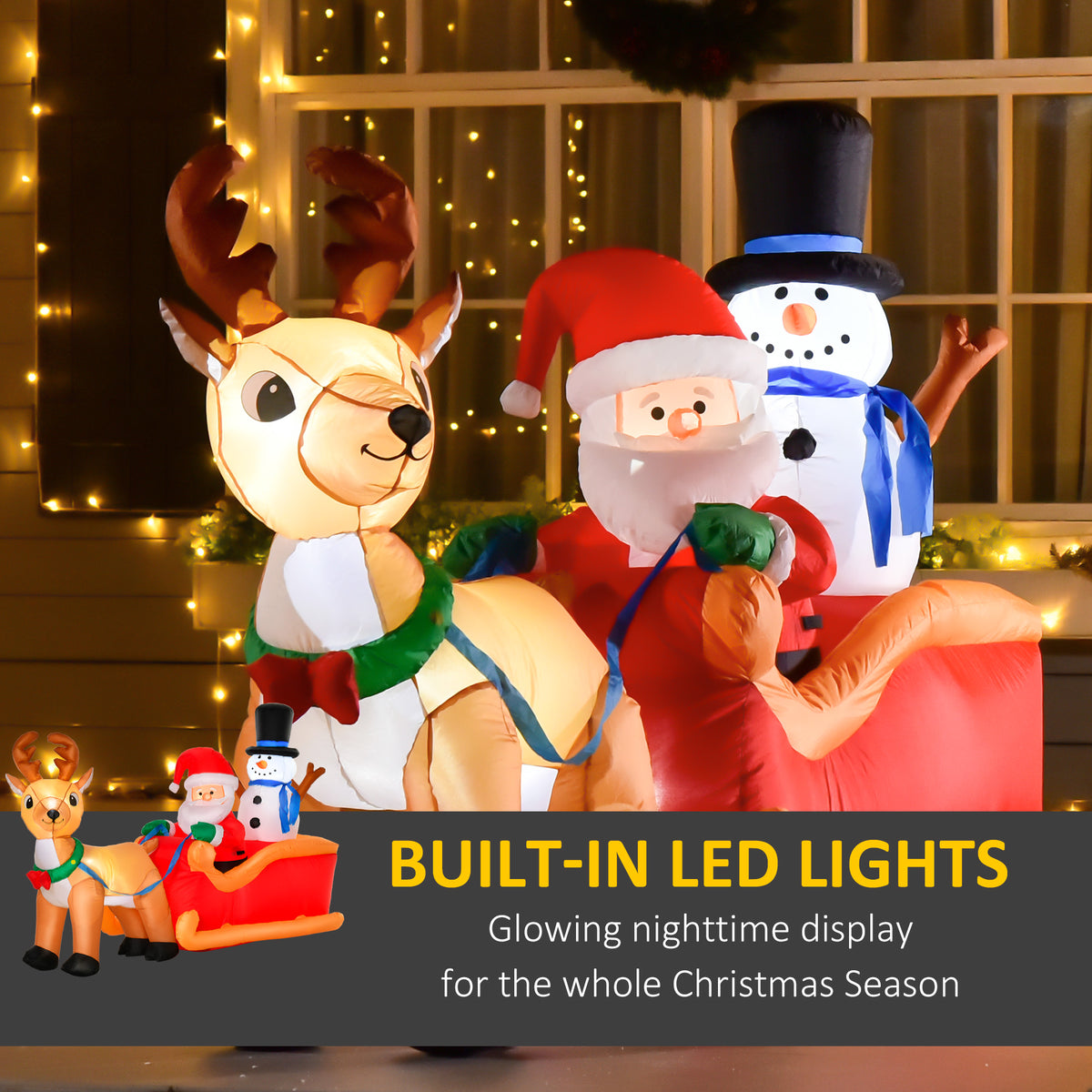 6.5 ft Long Christmas Inflatables Outdoor Decorations Santa Claus on Sleigh, Reindeer and Snowman with LED Lights for Holiday Yard Christmas Decor