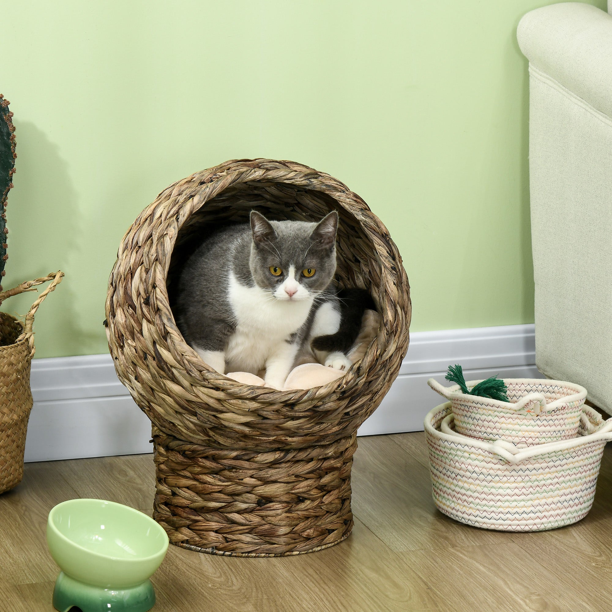 Handwoven Elevated Cat Bed with Soft Cushion & Egg Chair Shape, Basket Bed Kitty House with Stand, Raised Wicker House for Indoor Cats, 20" H, Gray - Dark Gray - Image 2