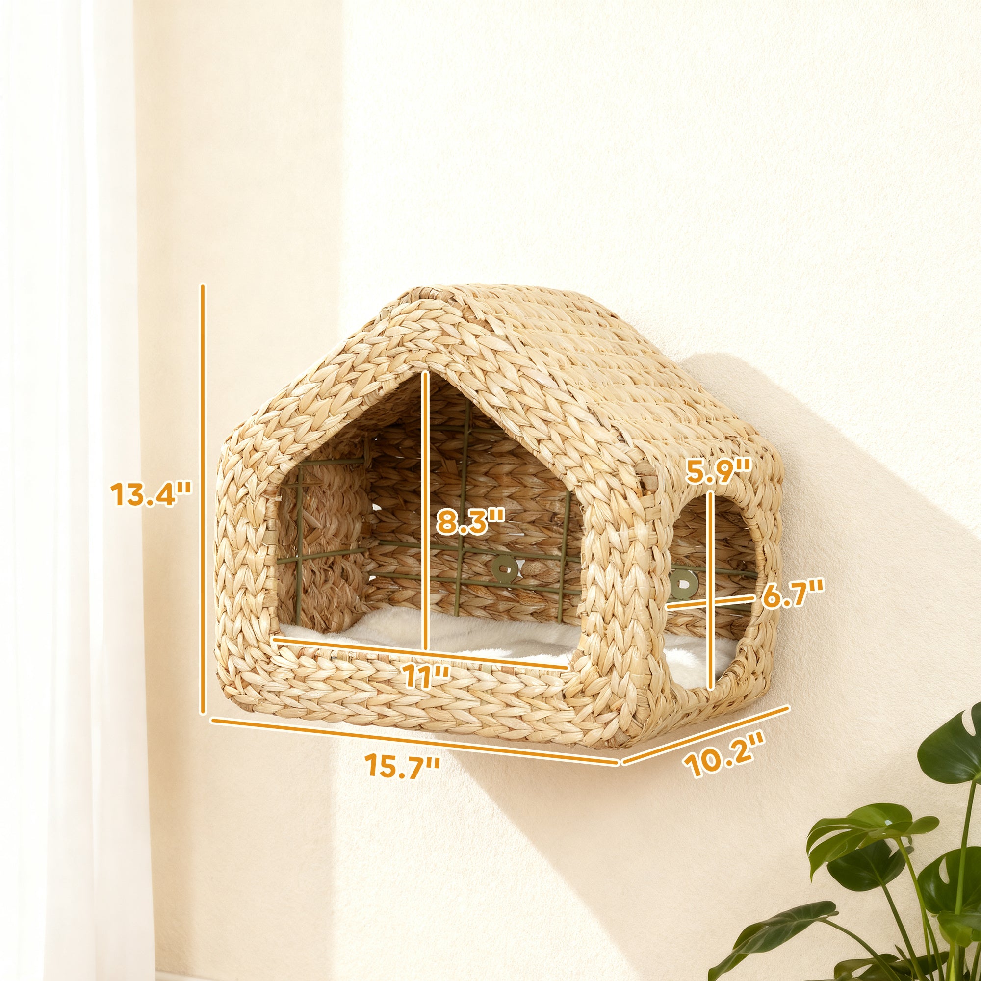 Wall Mounted Cat House, Cat Wall Furniture, Cat Wall Shelf with Washable Cushion, Natural - Natural Wood - Image 3
