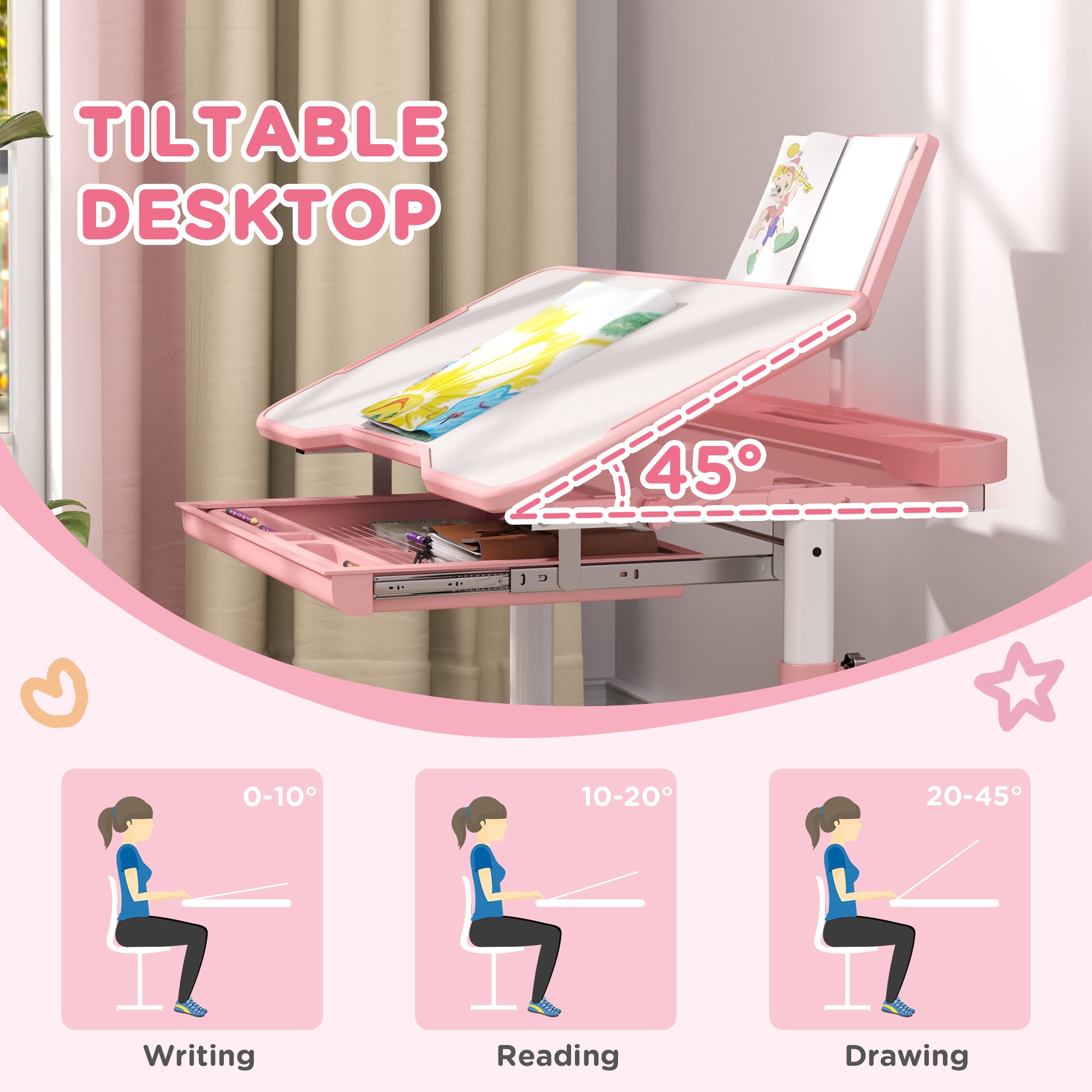Adjustable Kids Desk and Chair Set with Tilt Desktop & Storage, Pink