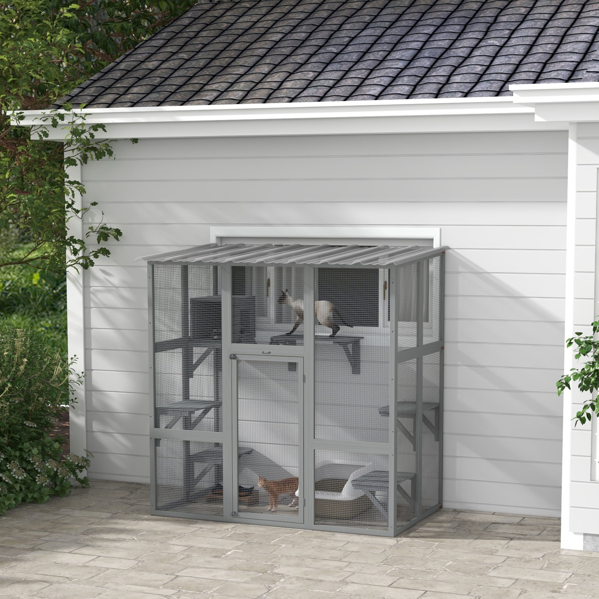 Catio Outdoor Cat Enclosure, Window Box Wooden Cat House with Bridge Platforms, Gray - Gray - Image 2