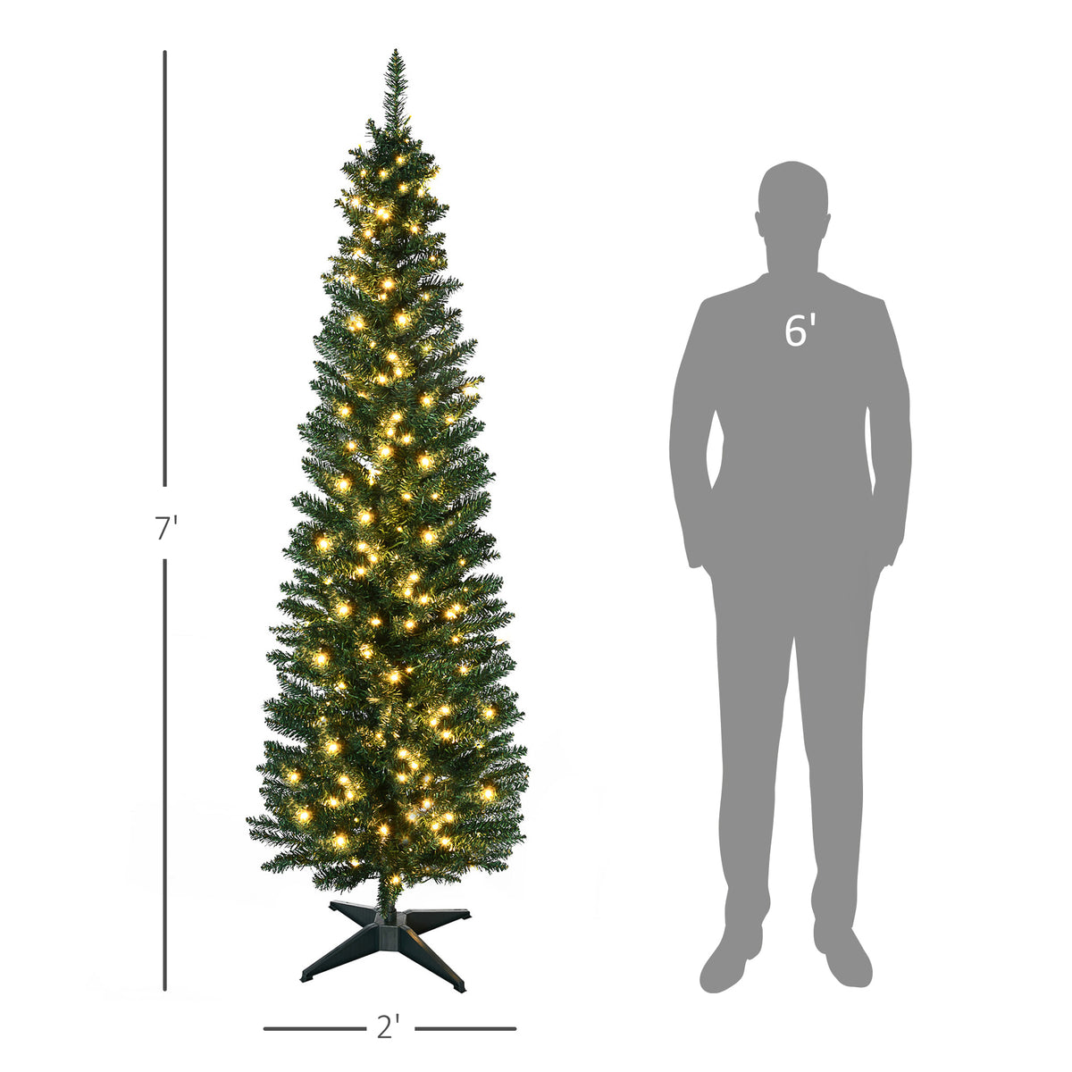7' Tall Pre-Lit Slim Noble Fir Artificial Pencil Christmas Tree with 200 Warm White LED Lights and 499 Tips, for Christmas Decoration, Green