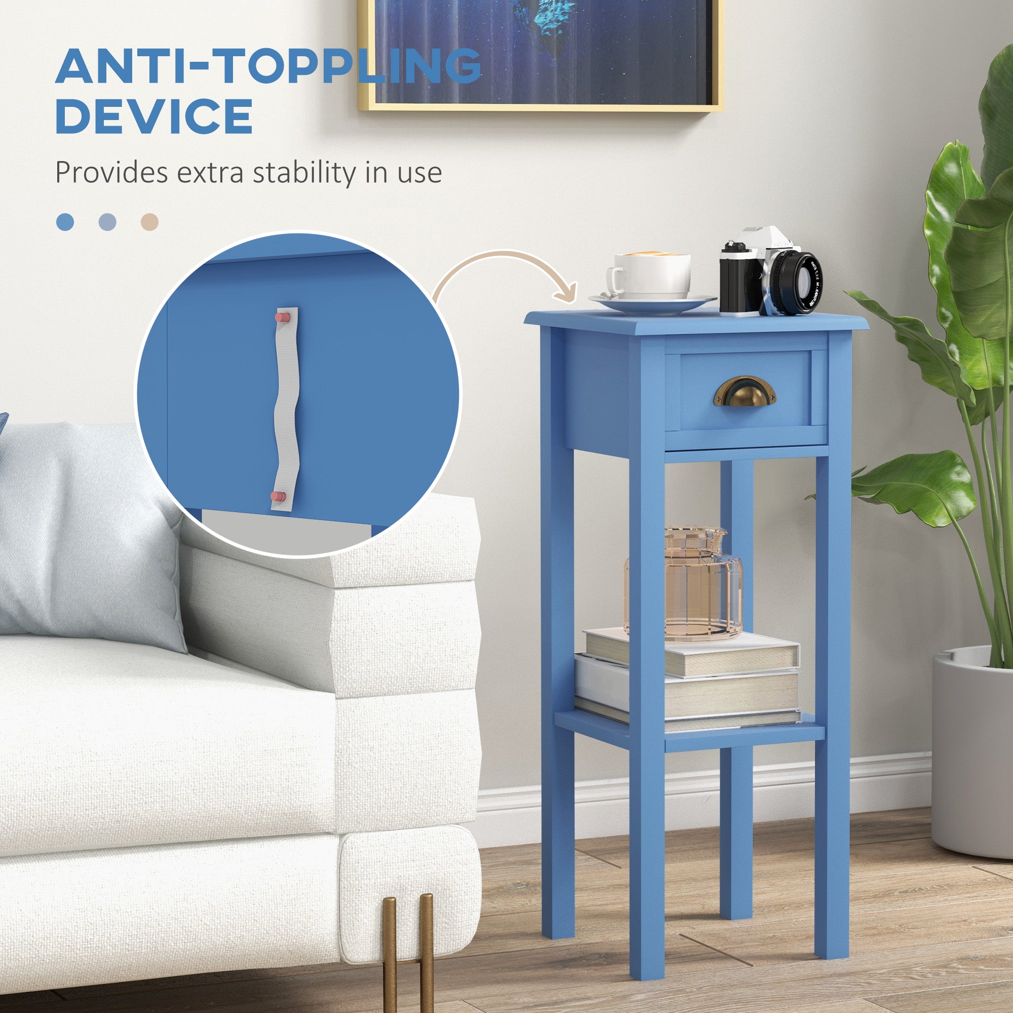 2-Tier Side Table with Drawer and Shelf, End Table for Living Room and Hallway, Light Blue