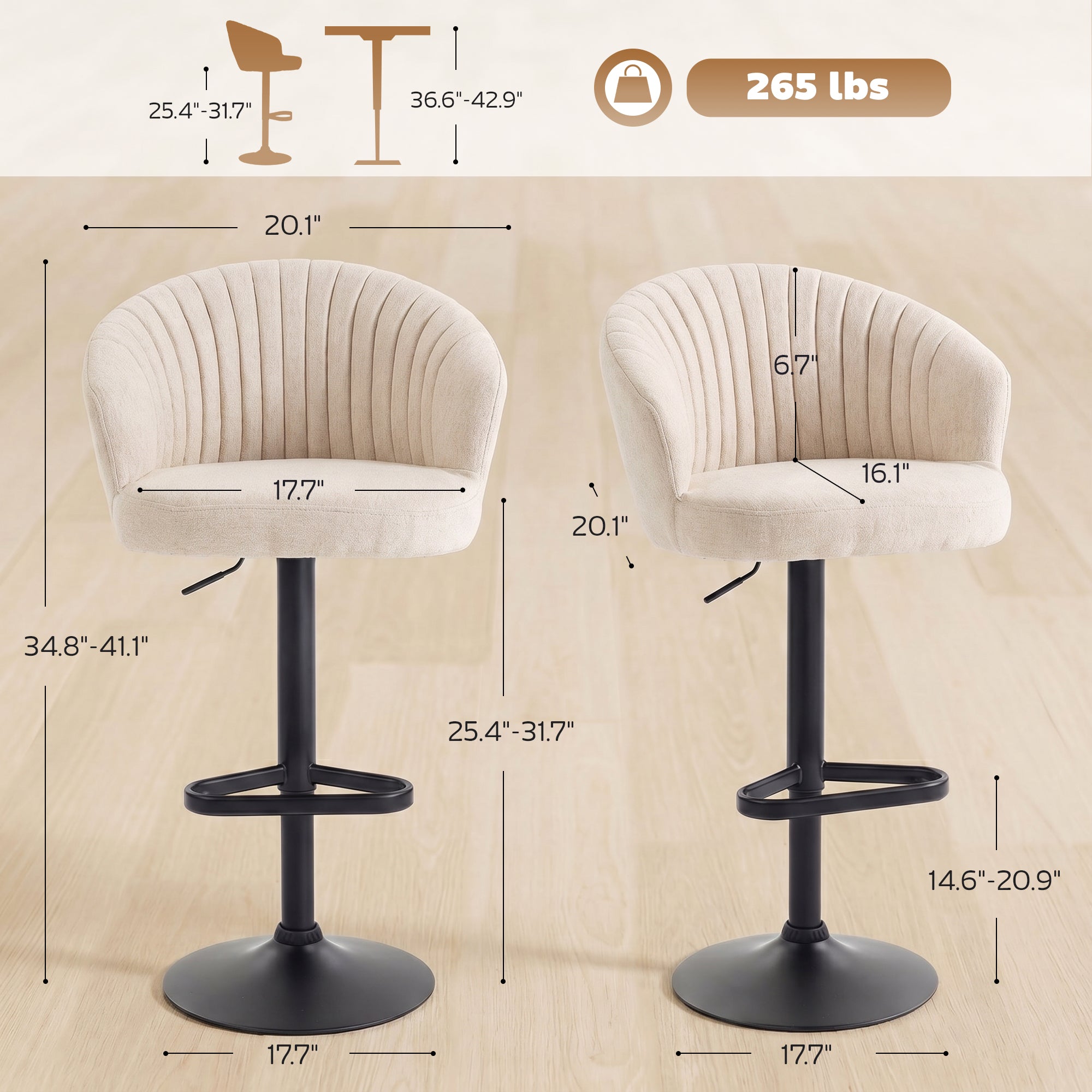Modern Upholstered Adjustable Barstools with Swivel Seat, Linen Touch Fabric, Steel Frame, Footrest, Beige