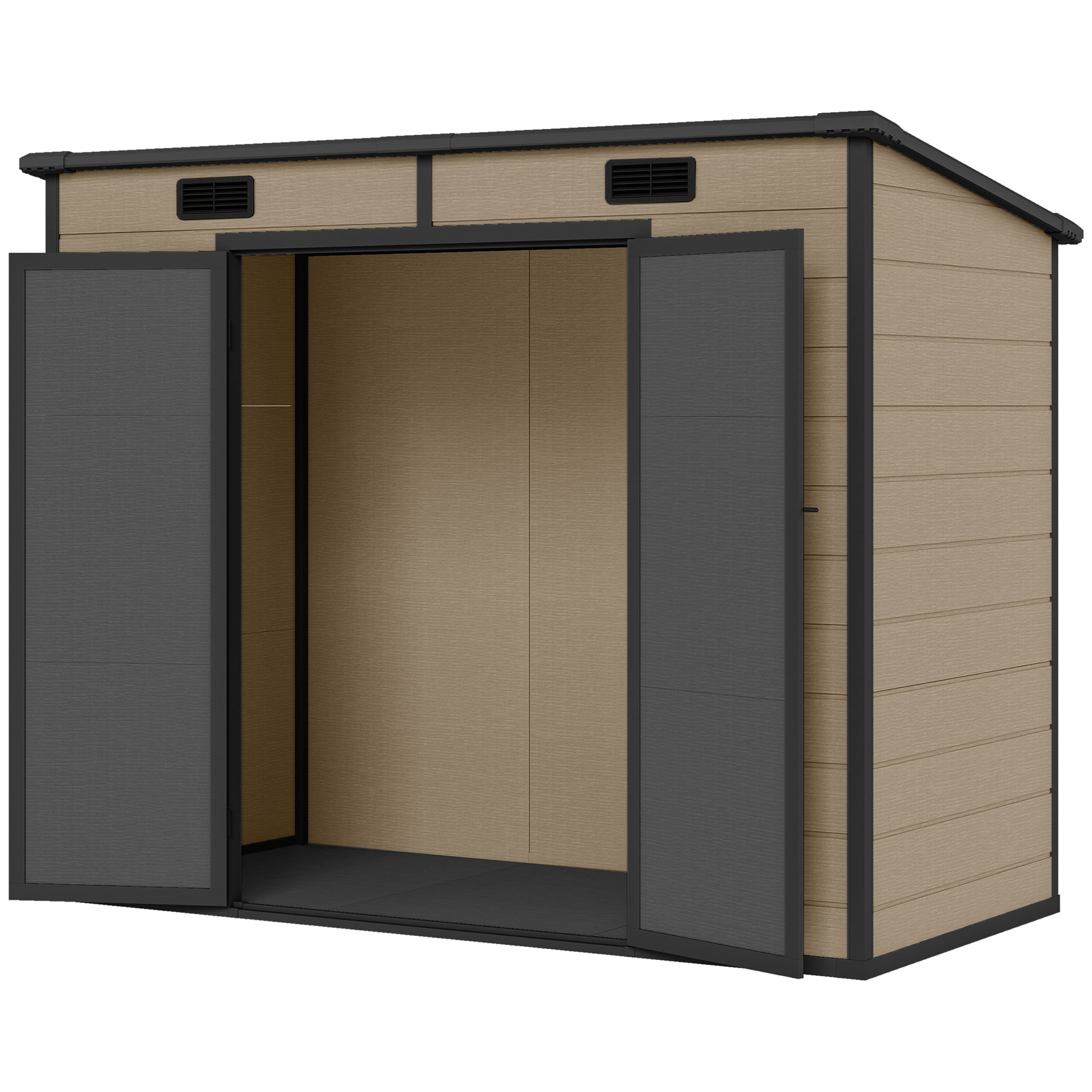 8' x 4' Plastic Outdoor Storage Shed with Floor, Window, Lockable Doors and Vents for Backyard Patio Lawn, Light Brown