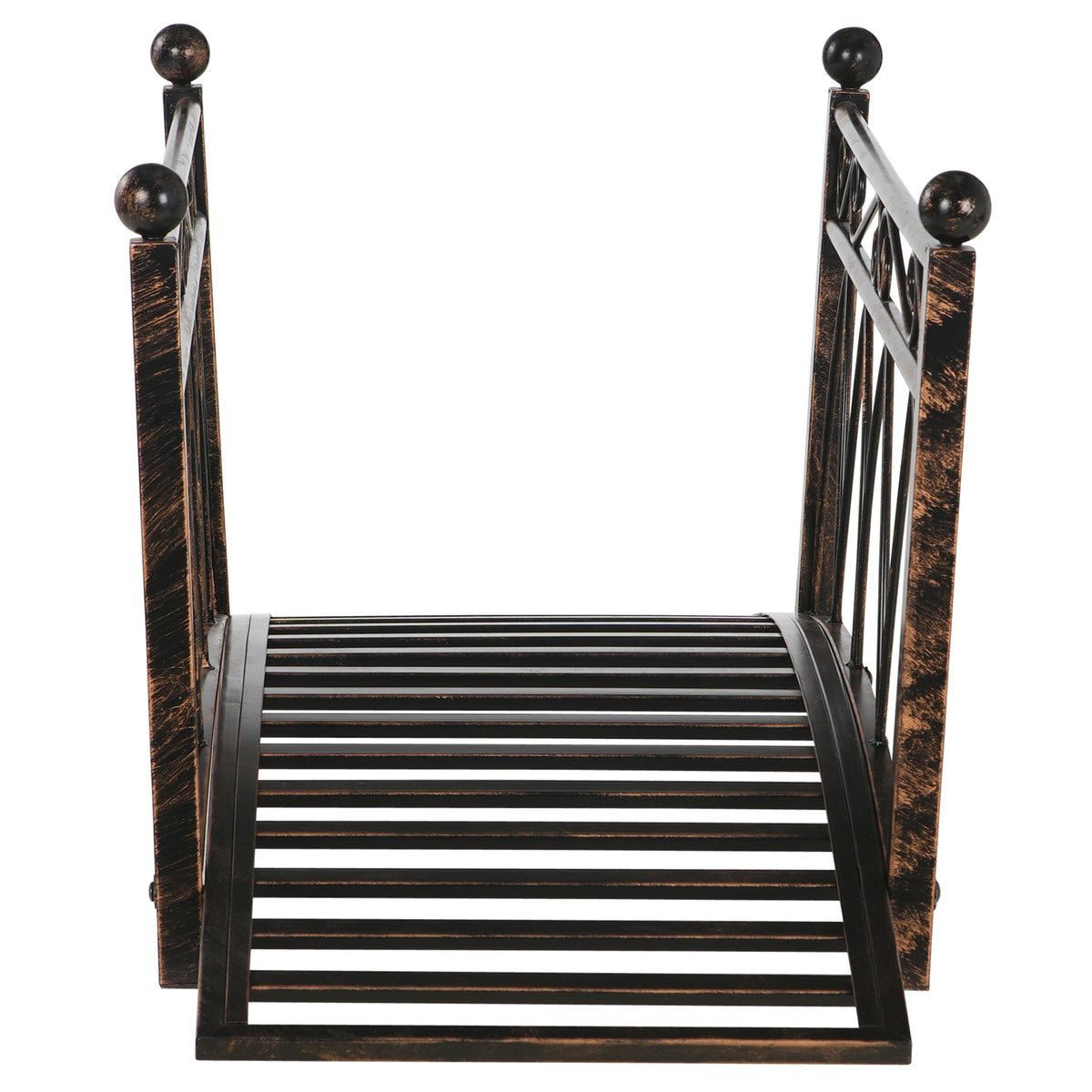 3.3' Metal Arch Zen Garden Bridge with Safety Siderails, Decorative Footbridge, Delicate Scrollwork & Corner Spheres for Stream, Fish Pond, Bronze