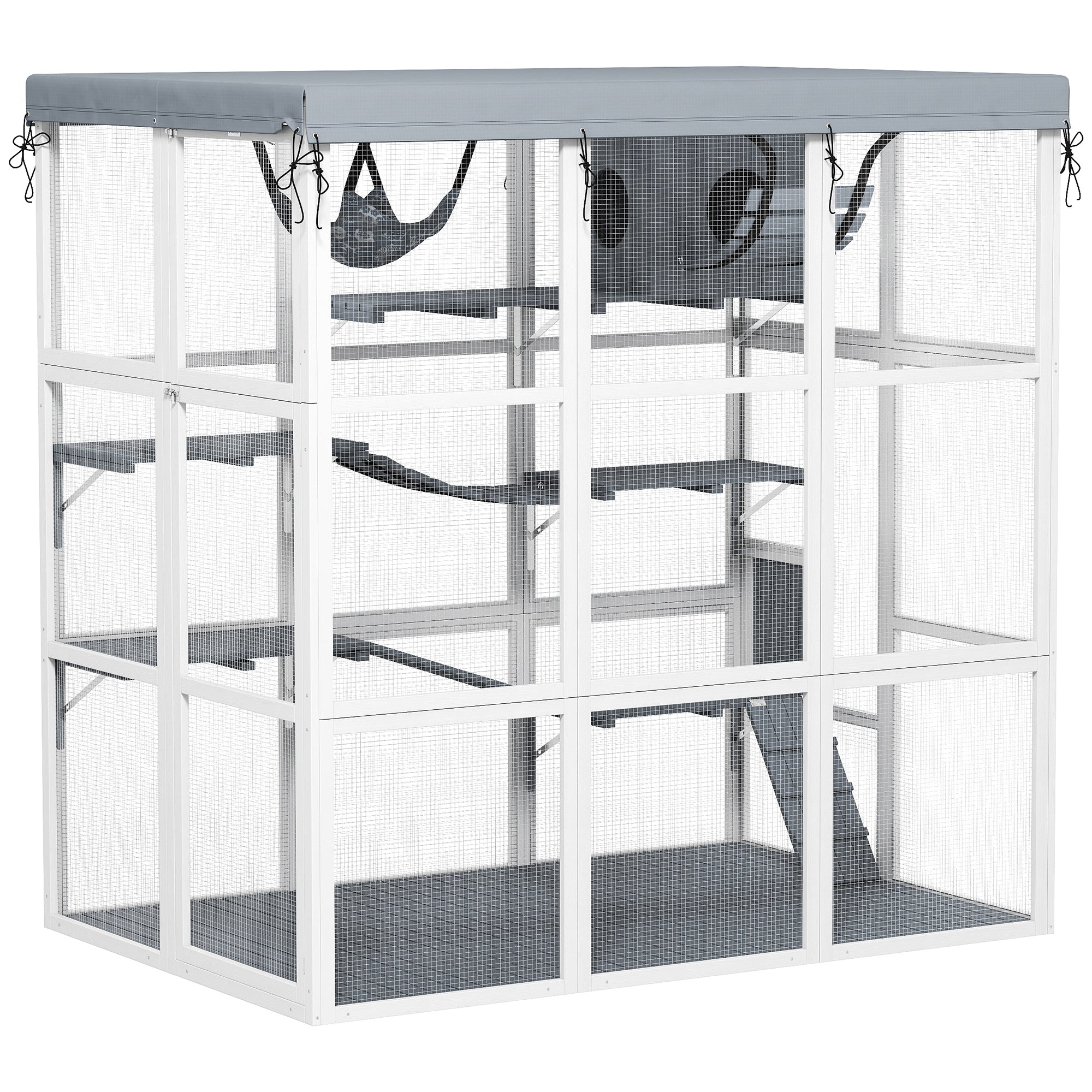 Large Outdoor Catio Cat Enclosure with Hammock, Condo, Jump Platforms, Ladders, Ramps, Tarp, for 2-4 Large Cats, Gray - Gray
