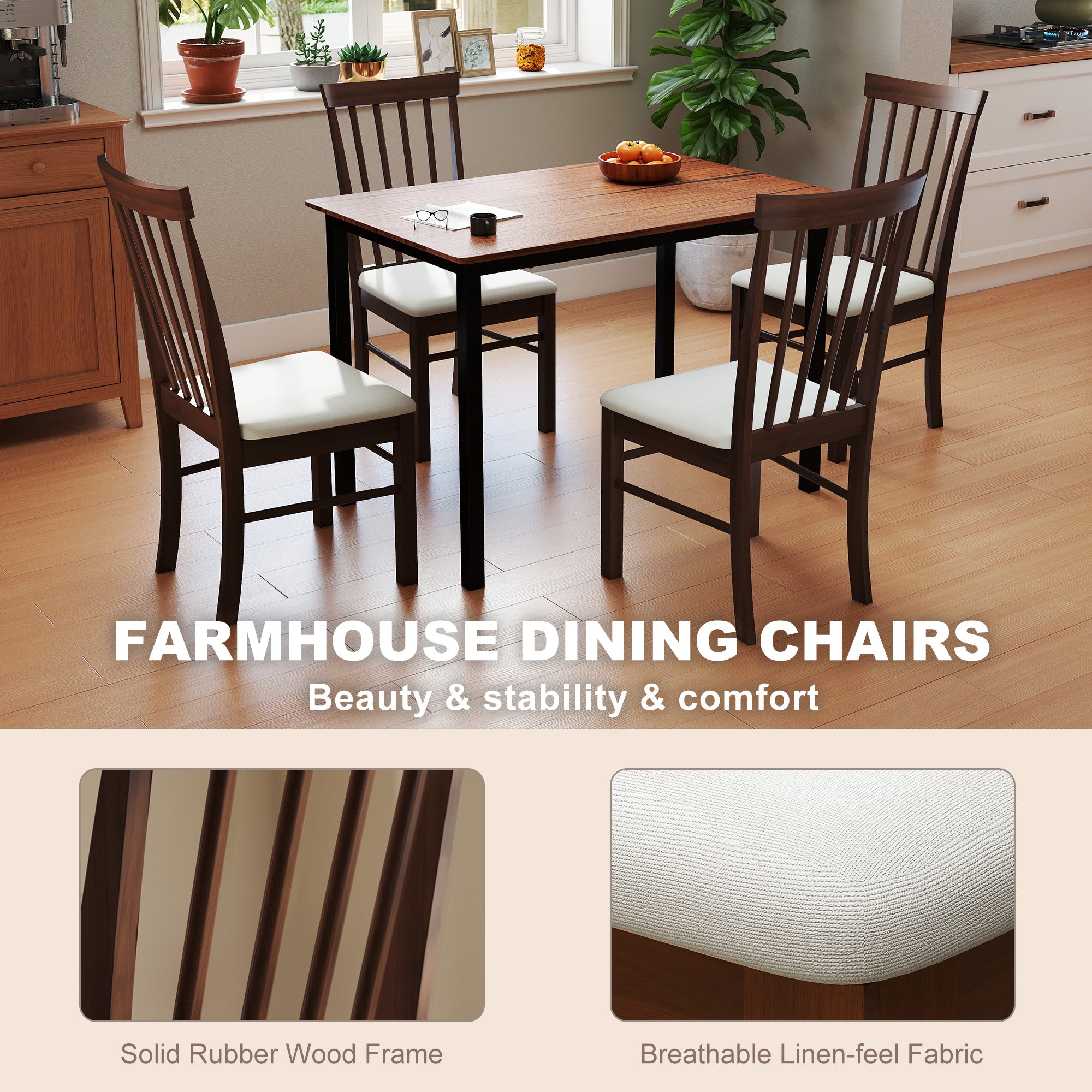 Wooden Dining Chairs Set of 4, Farmhouse Upholstered Kitchen Chairs with Rubber Wood Frame, Dark Brown and Beige