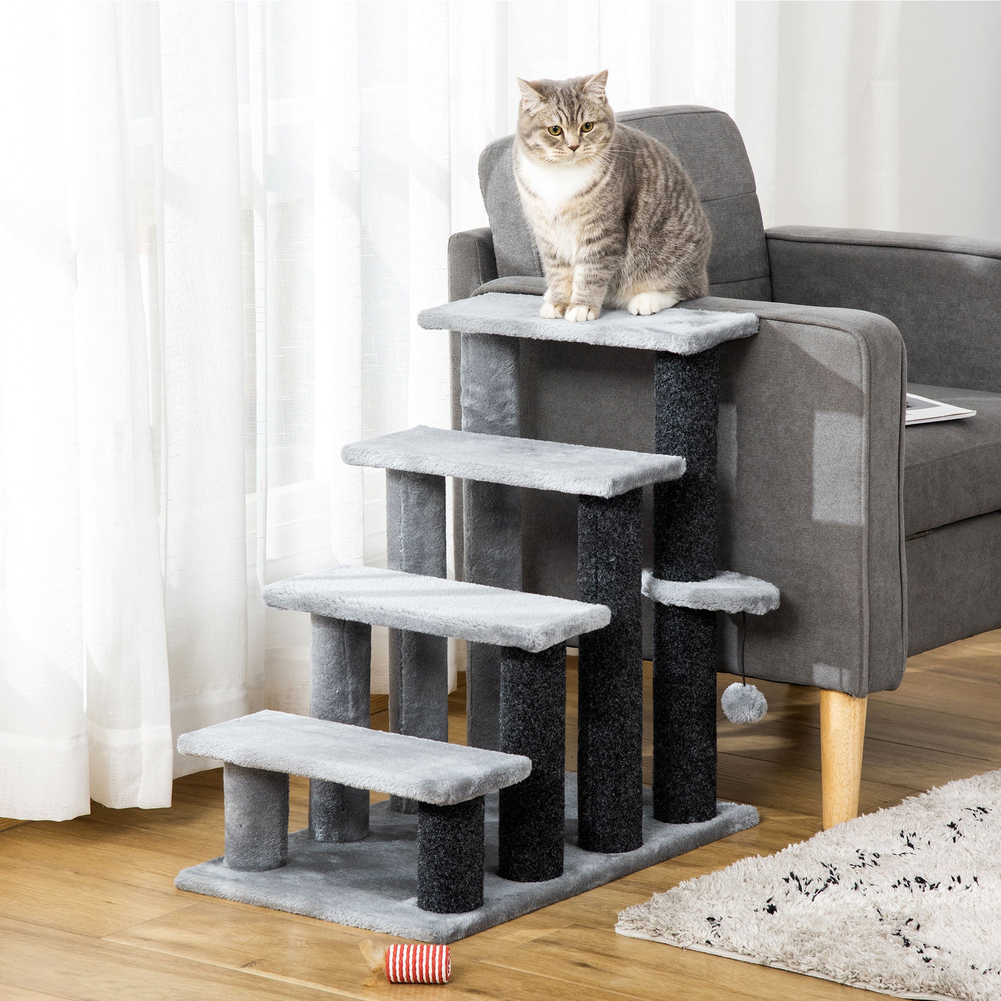 Cat Tree, Cat Tower Cat Stair Steps with Scratching Post, Hanging Play Ball for High Bed, Sofa, Indoor / Outdoor - Light Grey - Image 2