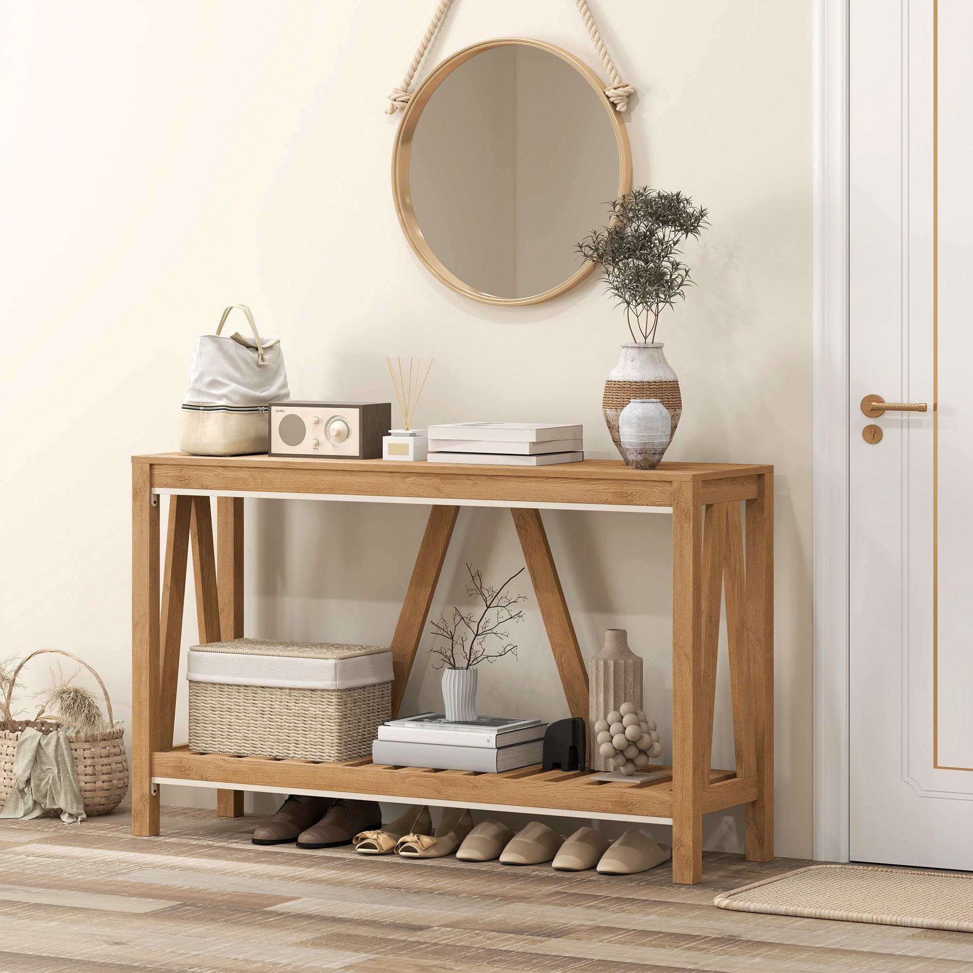 Console Table, Farmhouse Entryway Table with Storage Slatted Shelf, Rustic Sofa Table with Anti-Tipper for Living Room, Hallway, Brown