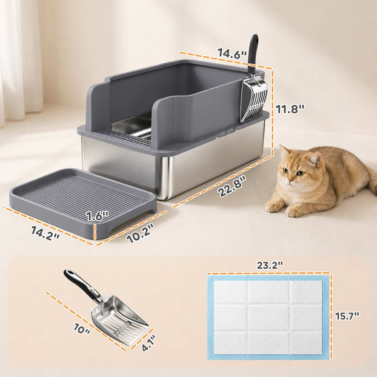 Stainless Steel Sifting Litter Box for Pine Pellets, Large Metal Litter Box with Sifter Tray, Metal Scoop, 10 Pee Pads