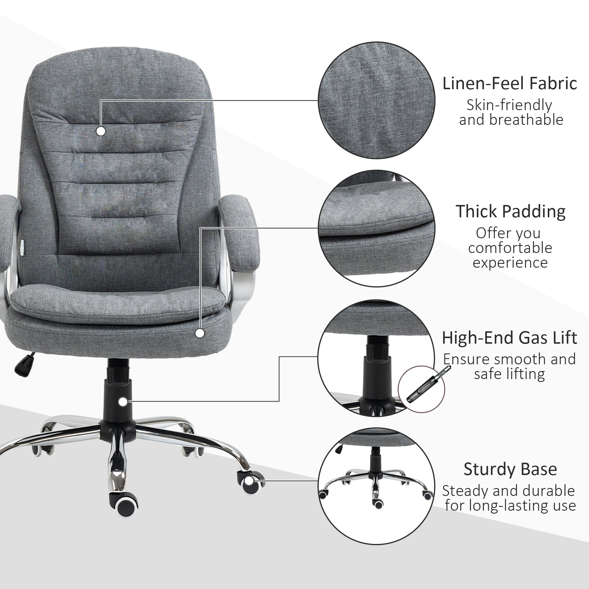 High Back Home Office Chair Executive Computer Chair with Adjustable Height, Upholstered Thick Padding Headrest and Armrest - Grey