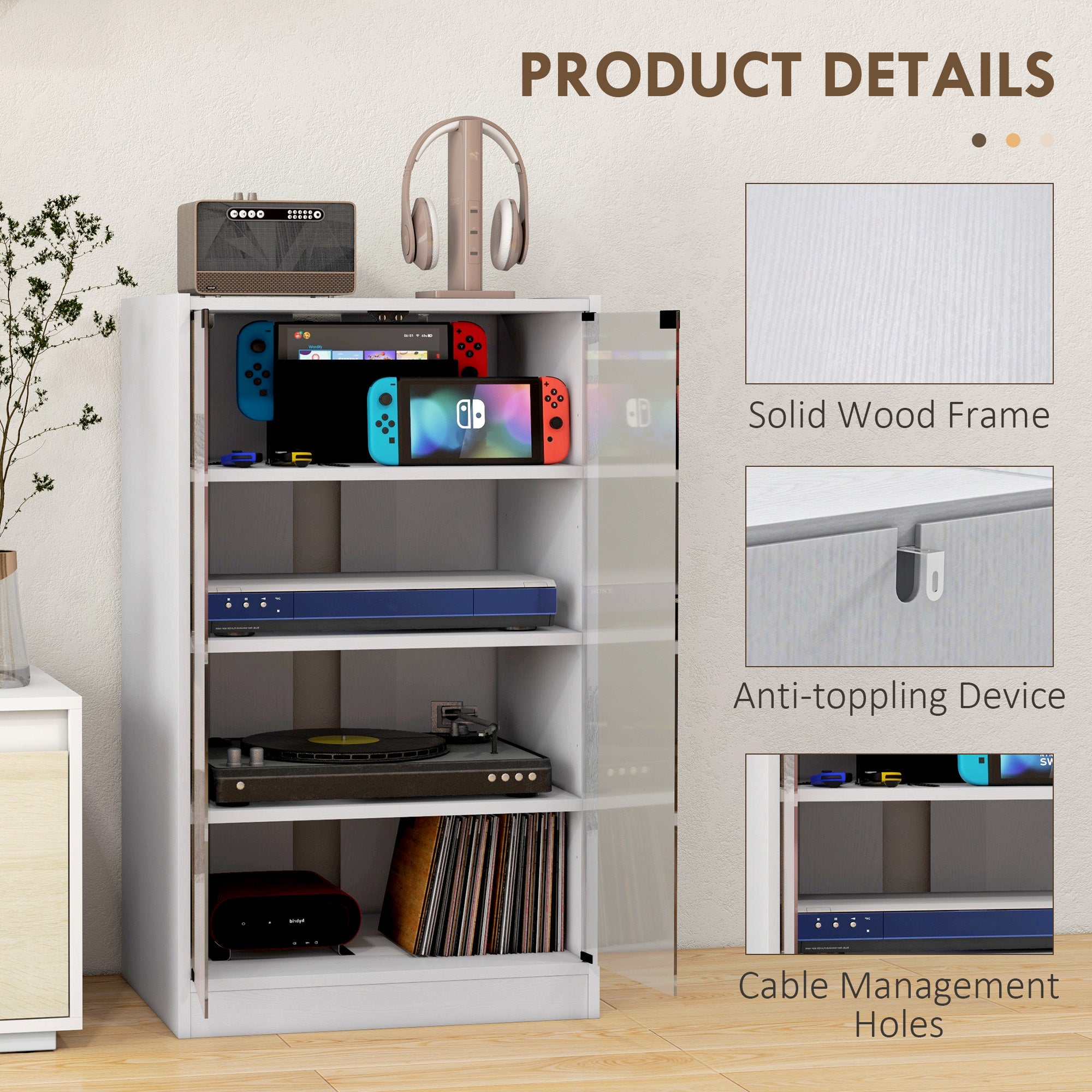 4-Tier Media Cabinet, Media Stand with Adjustable Shelves, Tempered Glass Doors, and Cable Management, Distressed White
