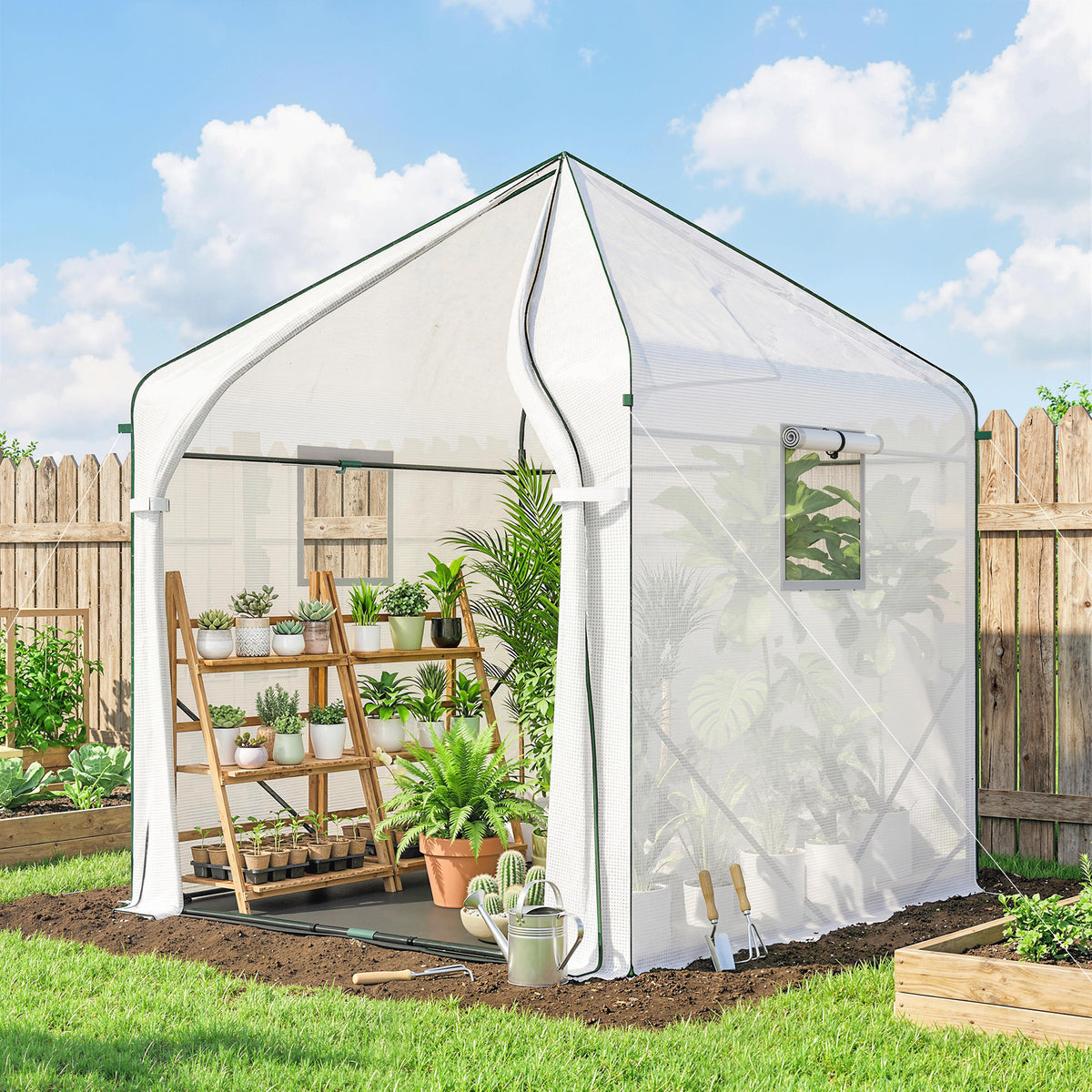 Walk-in Greenhouse, 63" x 63" x 78.7", Roll-Up Door, 3 Mesh Windows, PE Cover, Steel Frame, White