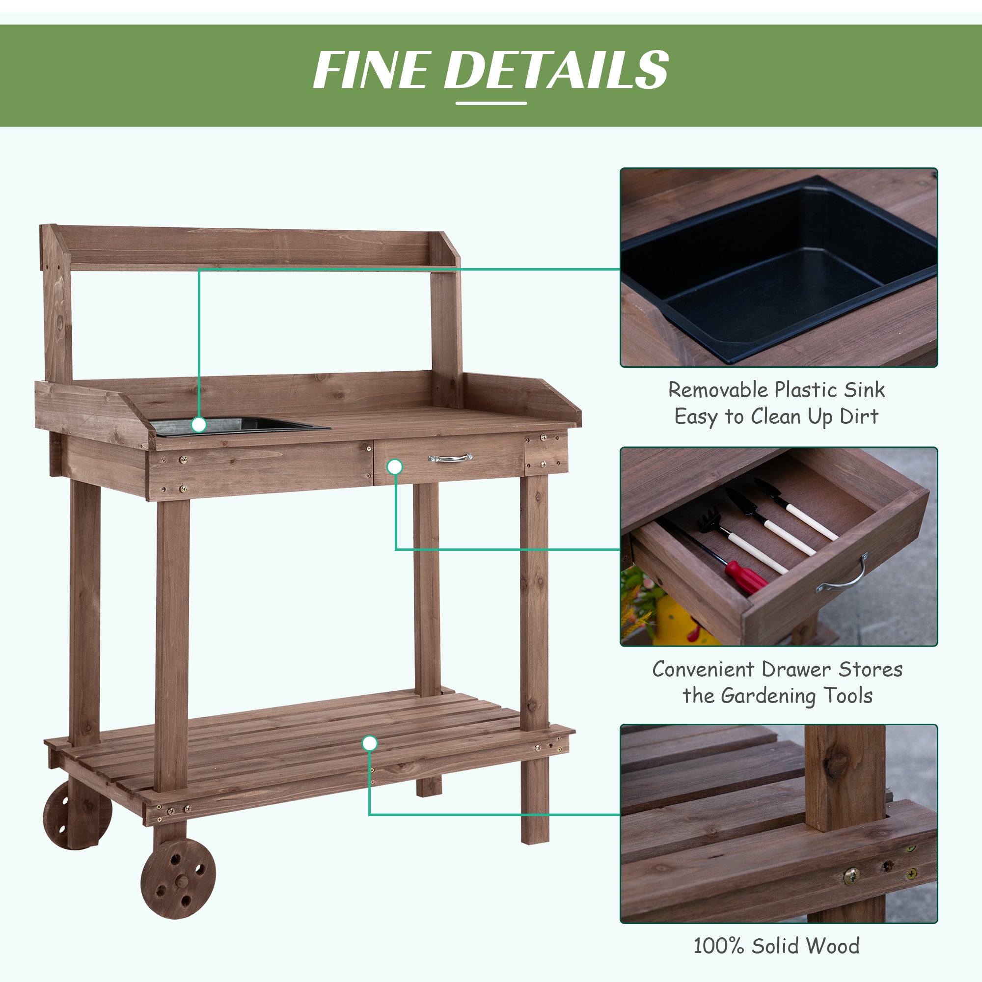 36" Wooden Potting Bench Work Table with 2 Removable Wheels, Garden Workstation with Removable Sink, Drawer & Large Storage Spaces, Brown - Brown - Image 5