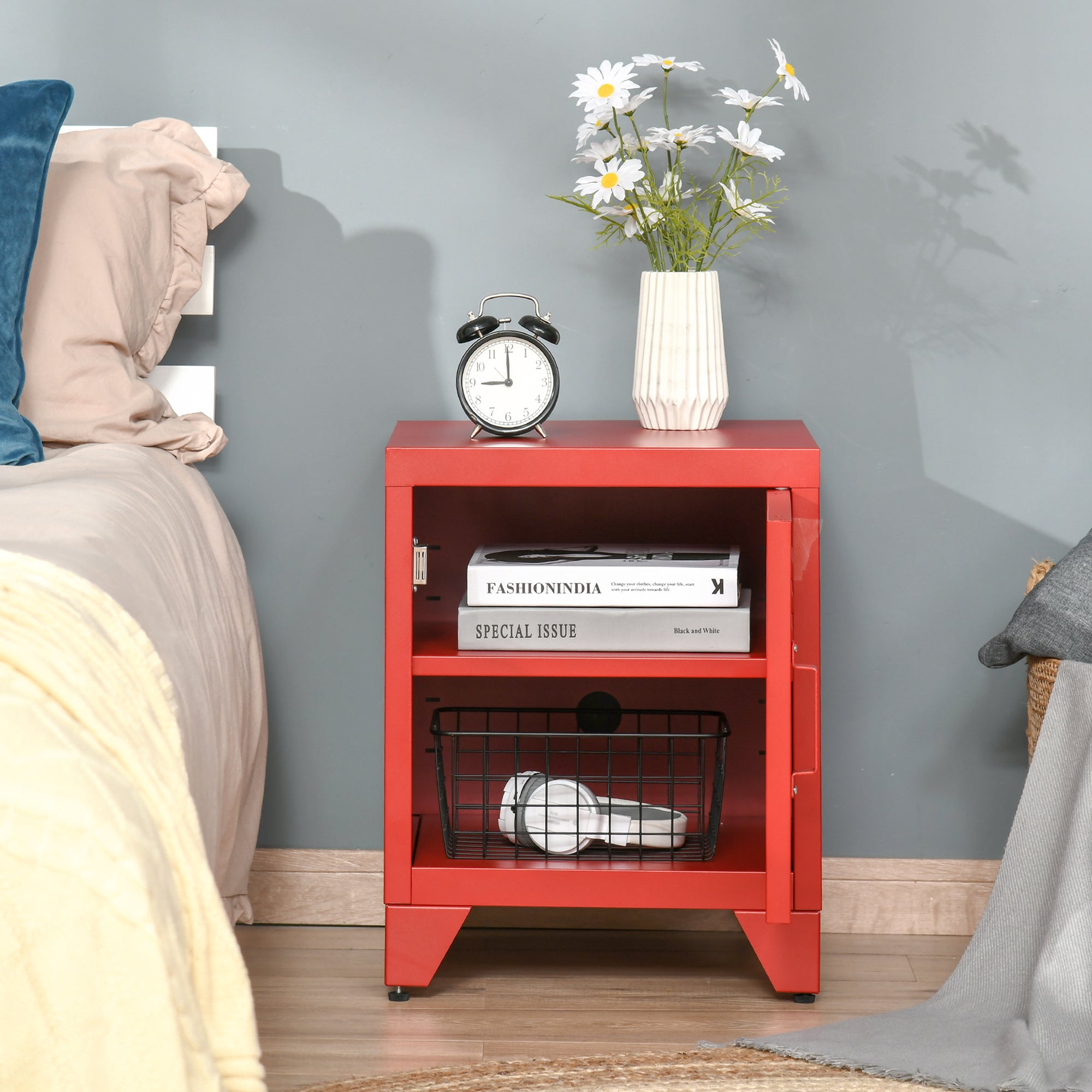 Industrial End Table, Living Room Side Table with Locker-Style Door and Adjustable Shelf, Red