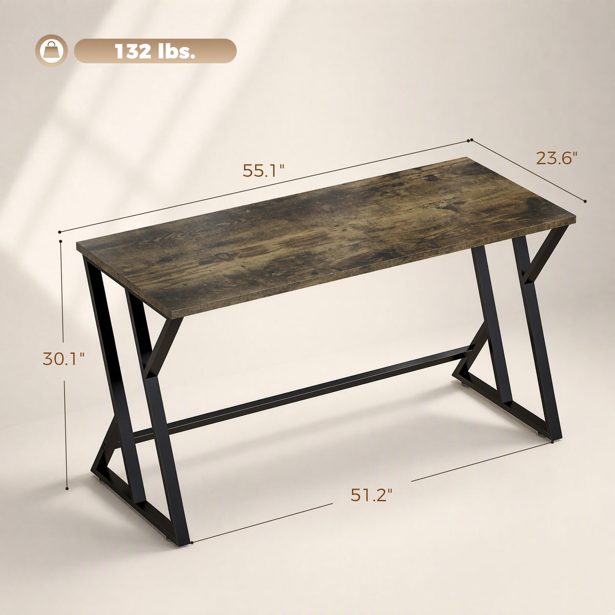 55 Inch Computer Desk, Industrial Writing Desk with Z-Shaped Metal Leg, Study Table for Home Office, Rustic Brown