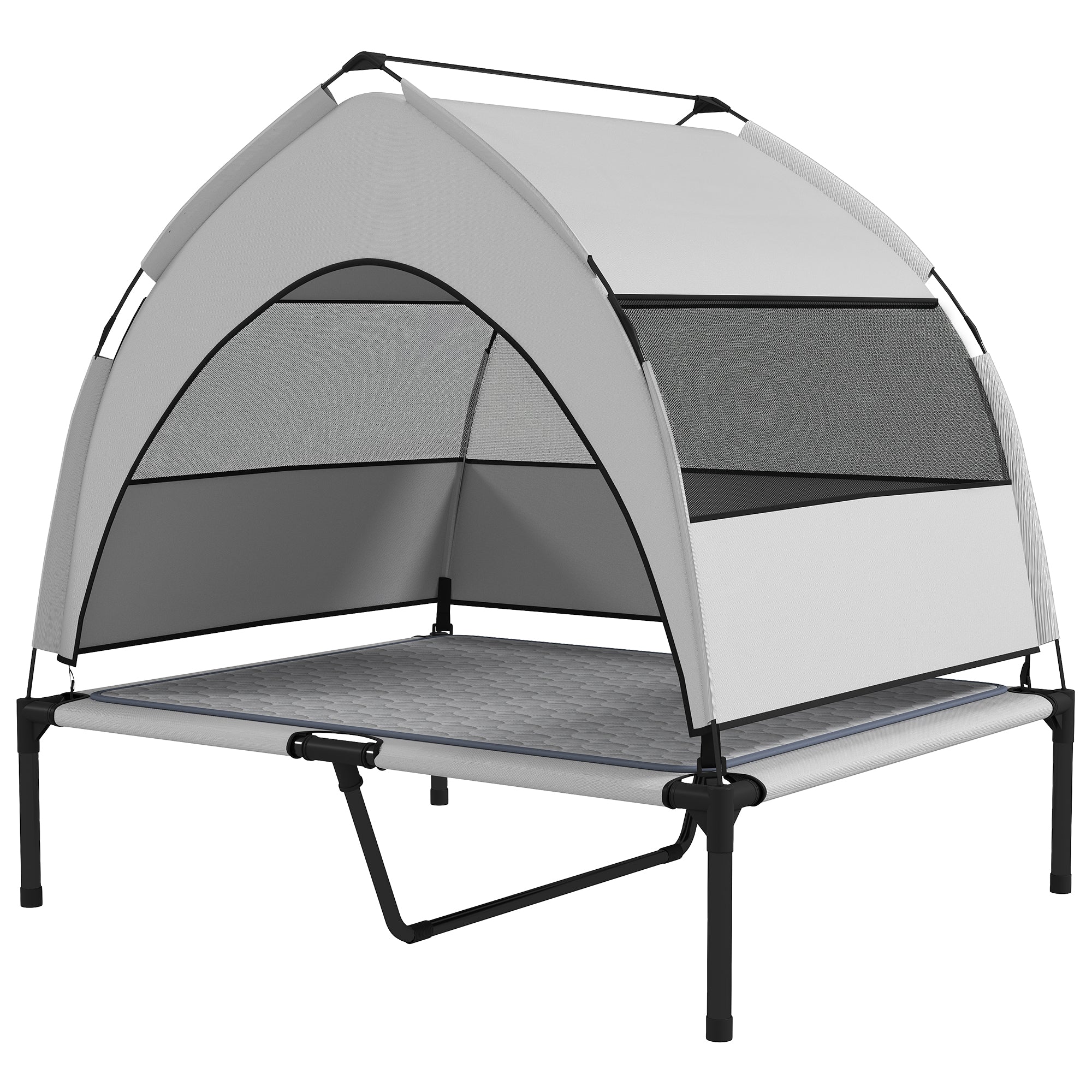 Elevated Dog Bed with Removable Canopy, Portable Outside Raised Pet Cot with Cooling Pad, Storage Bag, 36" x 29.5" x 35" - Light Gray