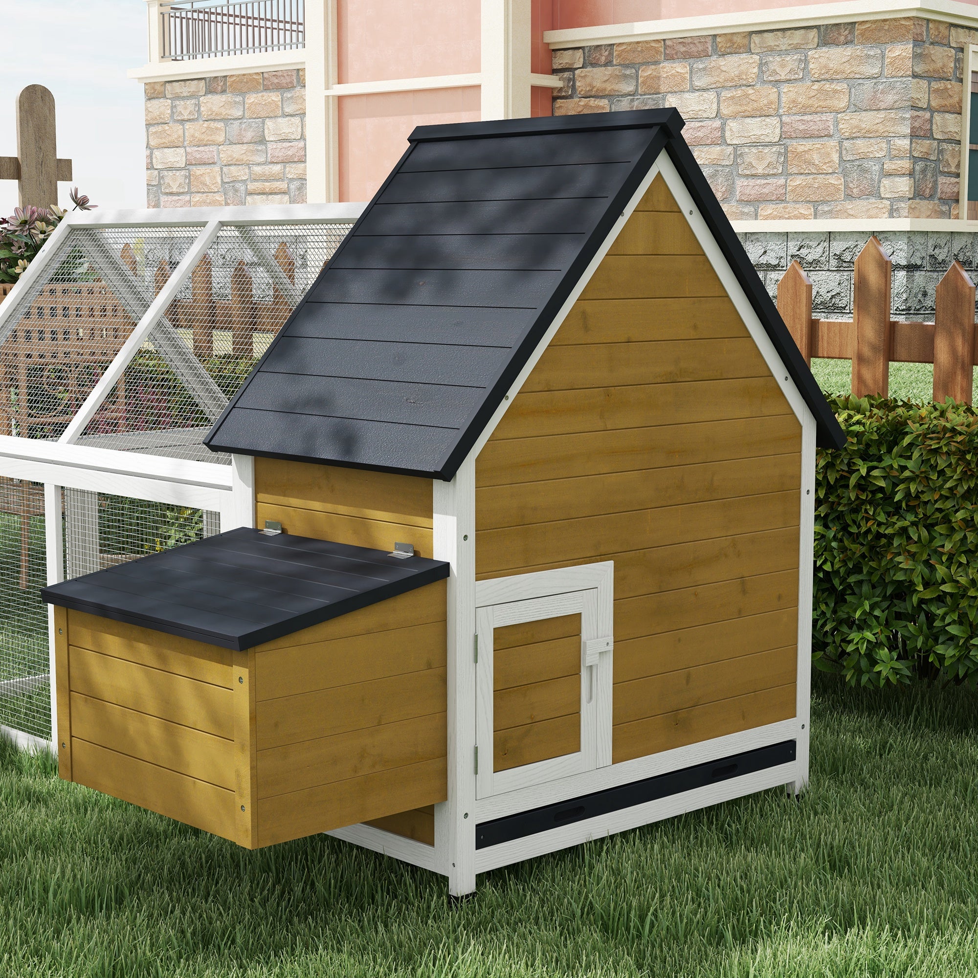 65" Chicken Coop Wooden Chicken House Rabbit Hutch Poultry Cage Hen Pen Backyard with Nesting Box, Ramp, Run, Yellow - Natural Wood - Image 8