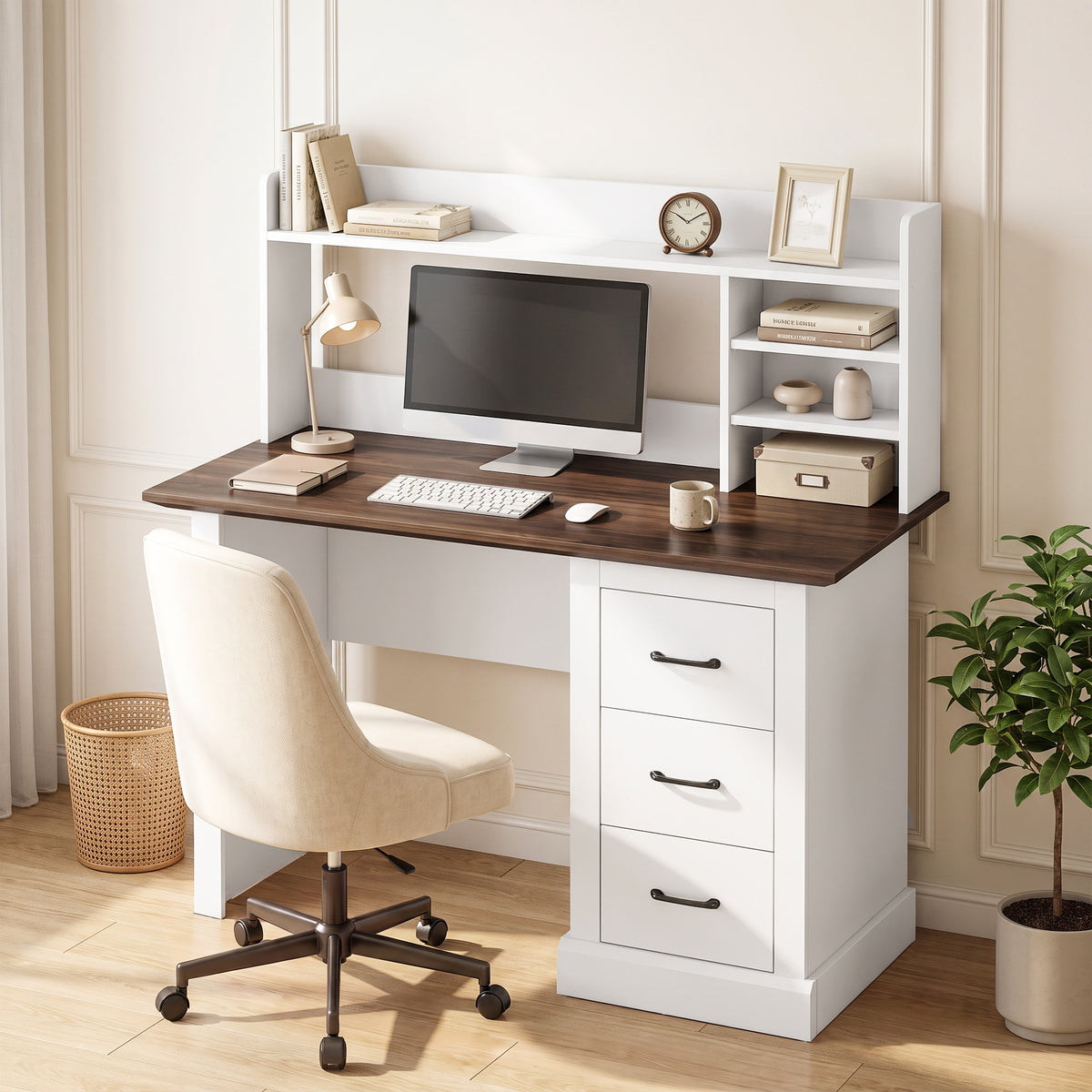 Computer Desk with 3 Drawers and Storage Shelves, 47" Home Office Study Writing Table, Walnut and White