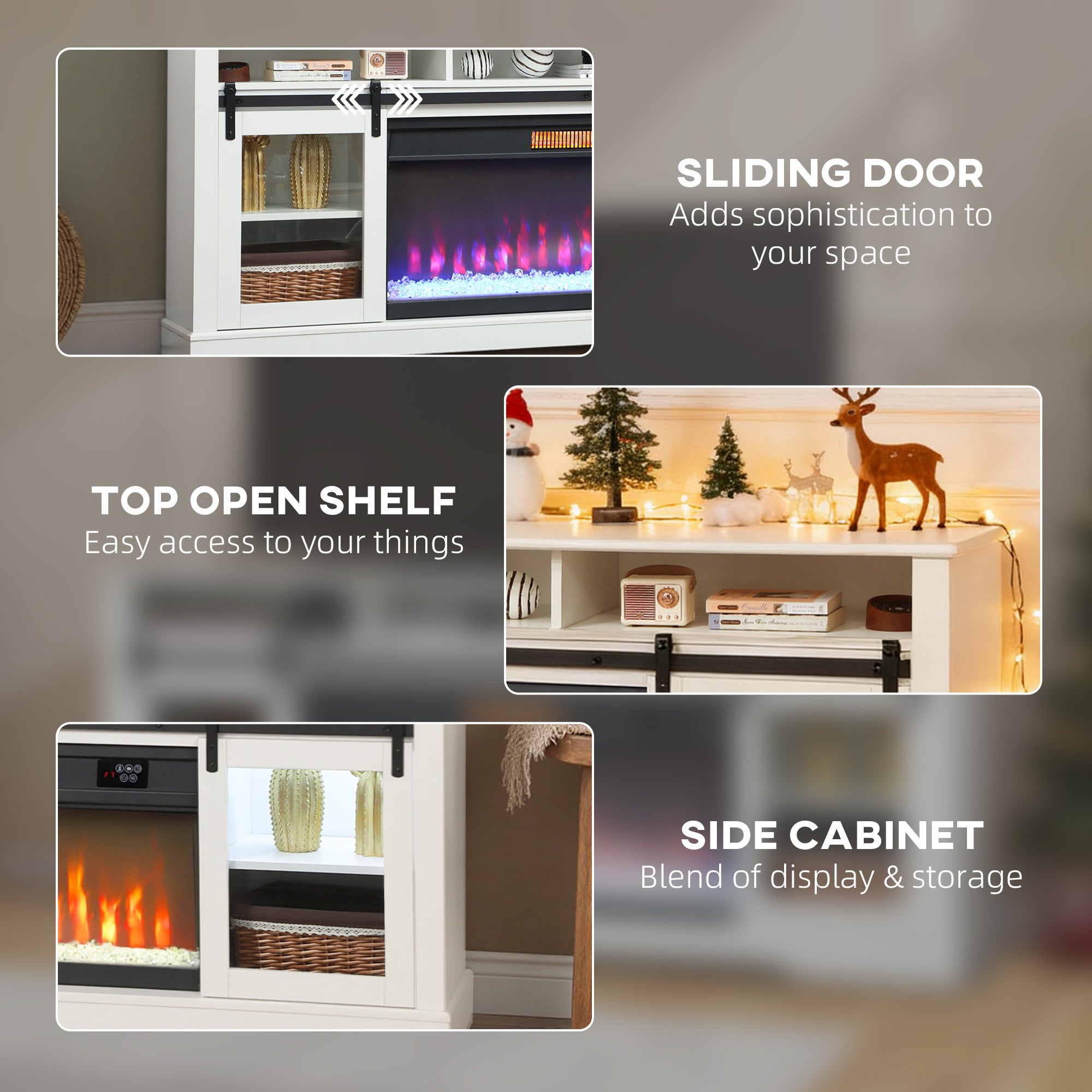 Fireplace TV Stand for TVs Up to 80 Inch, TV Console with Electric Fireplace, Open Storage and Side Cabinets, Black