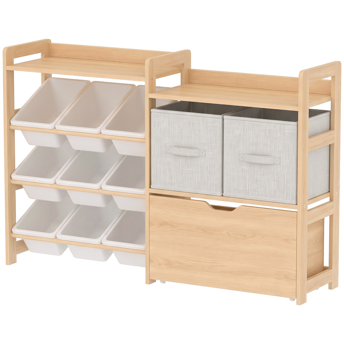 Wooden Toy Storage Organizer with Rolling Toy Chest, 2 Fabric Drawers, 2 Shelves, 9 Bins for Bedroom, Playroom, Nursery