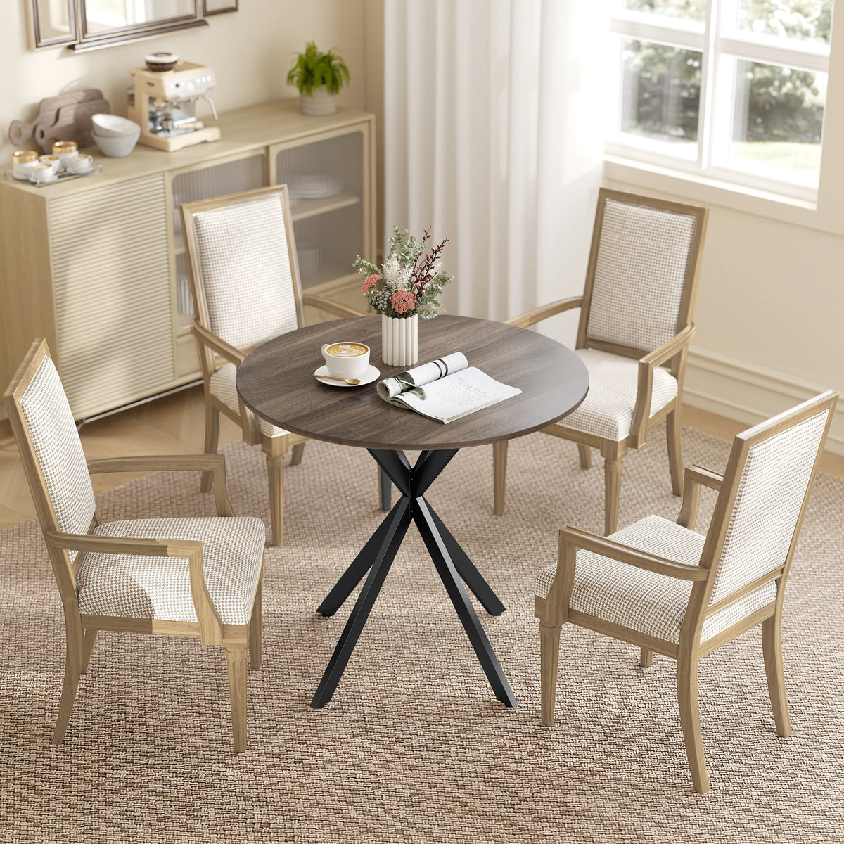 31.5" Small Round Dining Table for 2, Industrial Kitchen Table with Cross Steel Legs for Dining Room, Distressed Brown