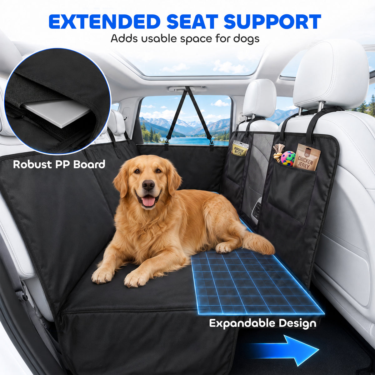 Dog Car Seat Cover for Back Seat, Hard Bottom Back Seat Extender, Waterproof Dog Hammock for Car & SUV, 58"L, Black