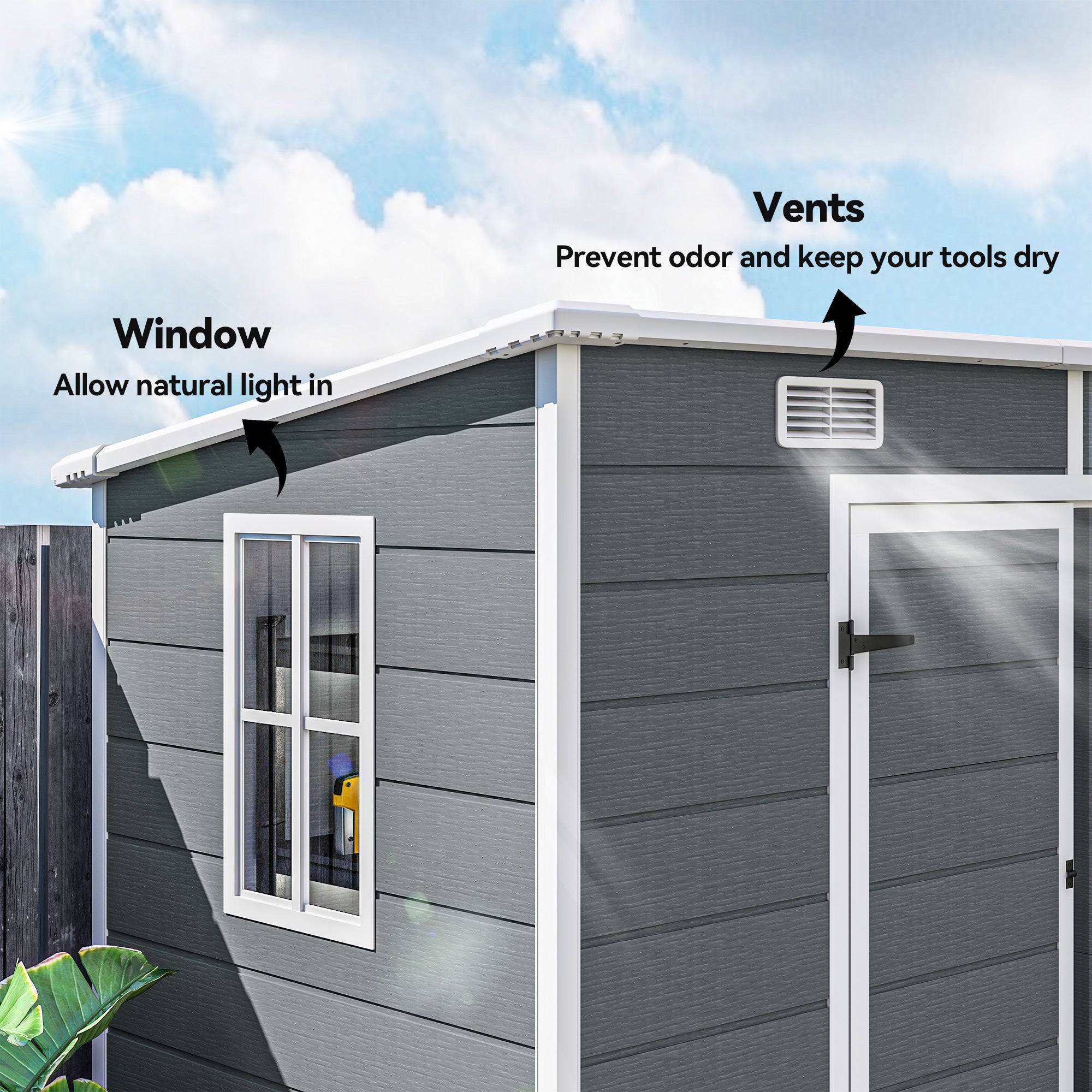 8' x 4' Plastic Outdoor Storage Shed with Floor, Window, Lockable Doors and Vents for Backyard Patio Lawn, Gray - Gray - Image 7