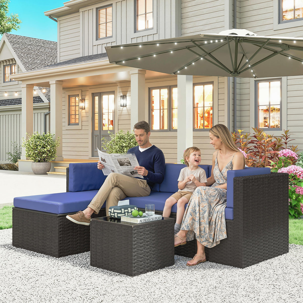 3 Piece Patio Furniture Set, Wicker Outdoor Patio Conversation Furniture Set with Cushions, Glass Top Table, Navy Blue