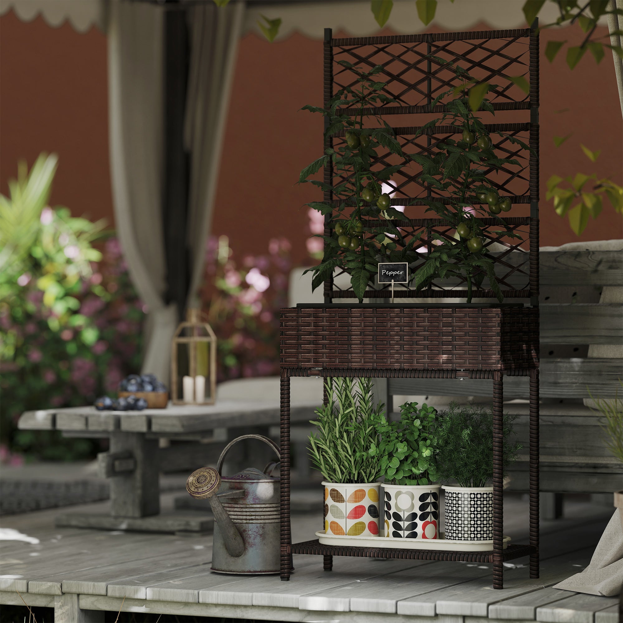 Outdoor Wicker Planter with Trellis for Climbing Plants, Freestanding Rattan Garden Box with Storage Shelf, Brown - Brown - Image 8