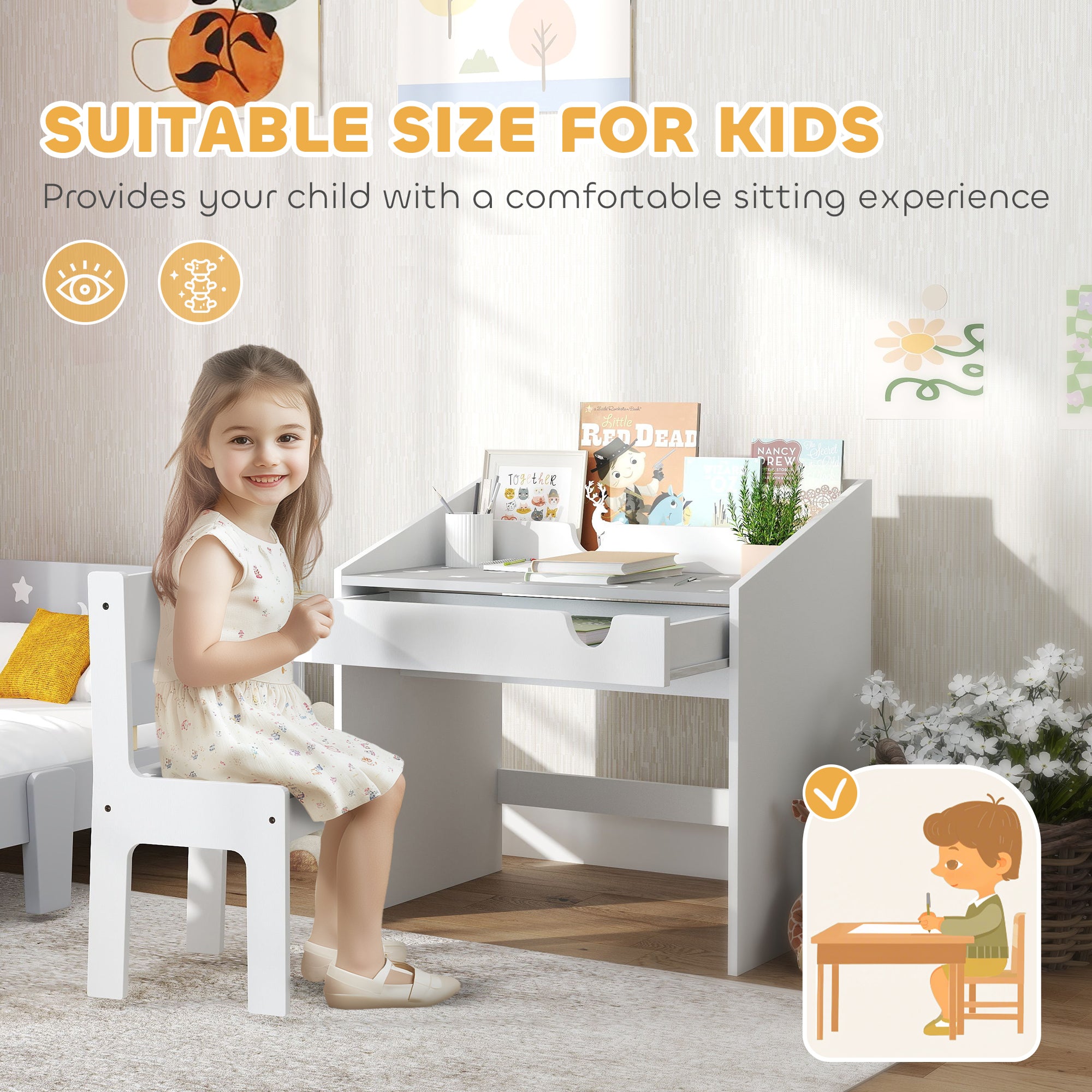 Kids Study Desk with Storage, Kids Desk and Chair Set for Bedroom & Study Room, Aged 3-6 Years, Gray