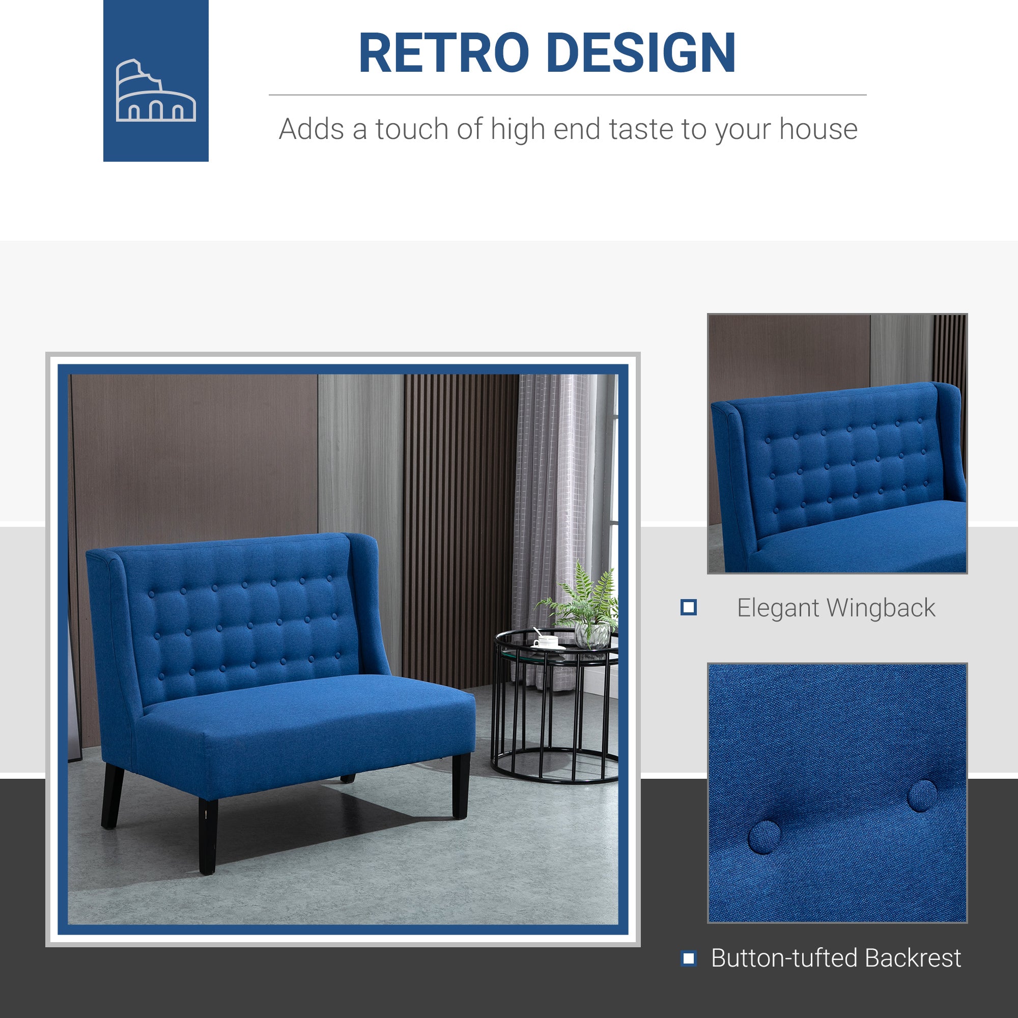 Armless Couch Wingback Double Sofa Linen Fabric Upholstery Button Tufted Loveseat Modern Living Room Settee, Blue