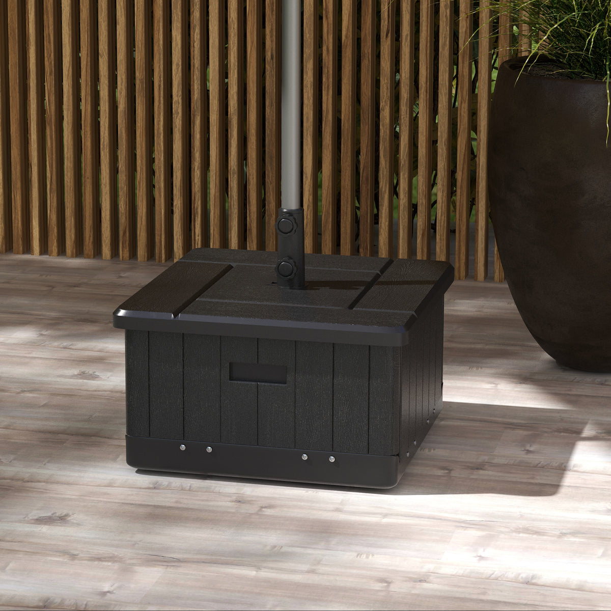 3-in-1 Outdoor Umbrella Base with Wheels and Handles, End Table, Flower Box Planter with Hole, 175 lbs. Capacity, Black