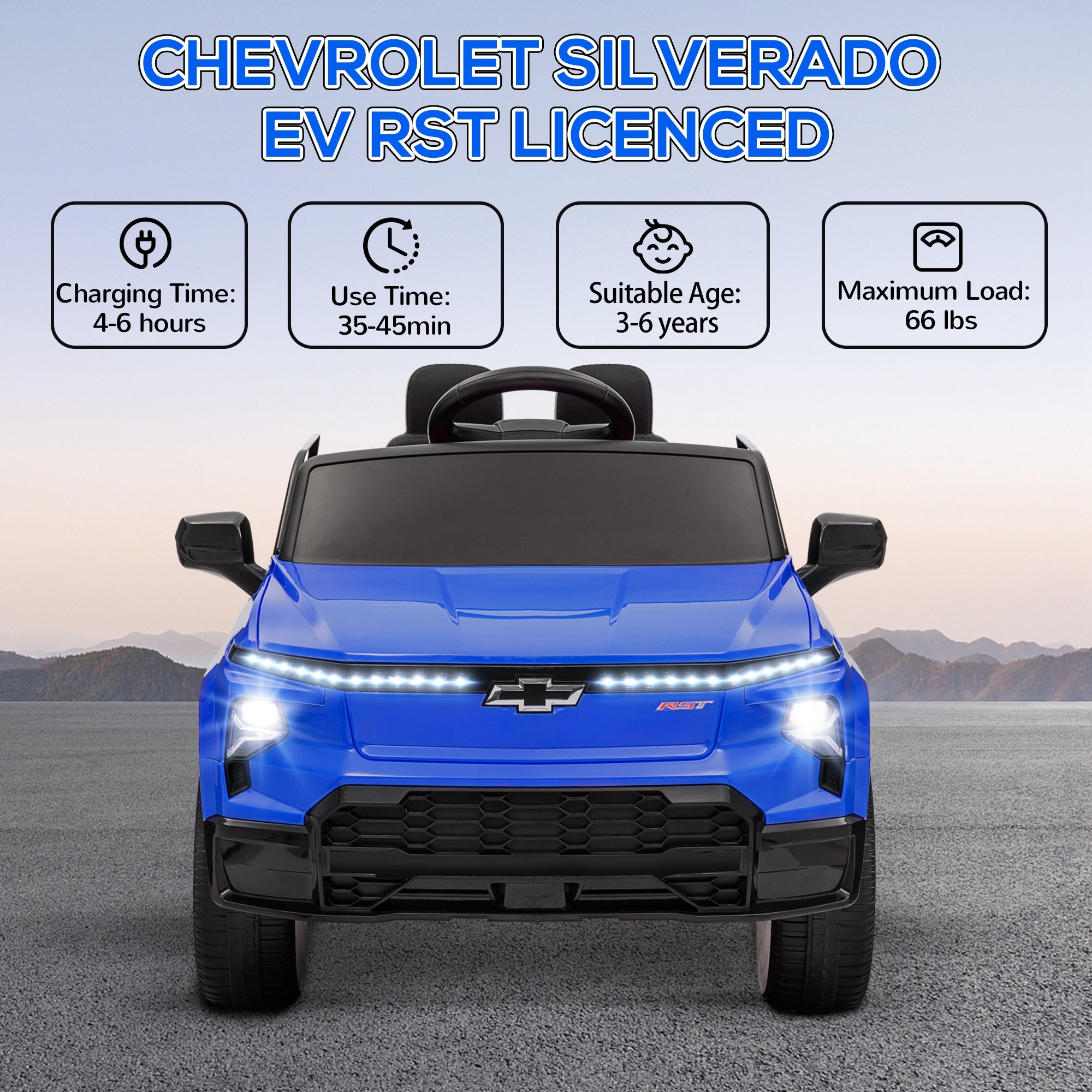 12V Chevrolet Silverado EV RST Licensed Kids Electric Car with Parent Remote Control, Spring Suspension, Blue