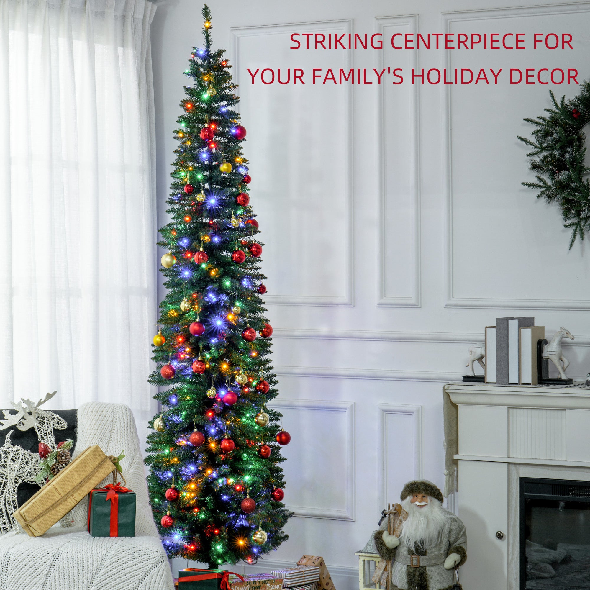 8' Artificial Pencil Christmas Trees Holiday Decoration with Colorful LED Lights, Steel Base, Skinny Shape