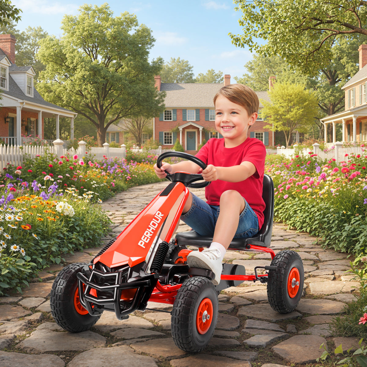 Qaba Kids Go Kart, Pedal Car with Adjustable Seat, EVA Wheels, Brake, for Boys & Girls Aged 3-8 Years Old, Red